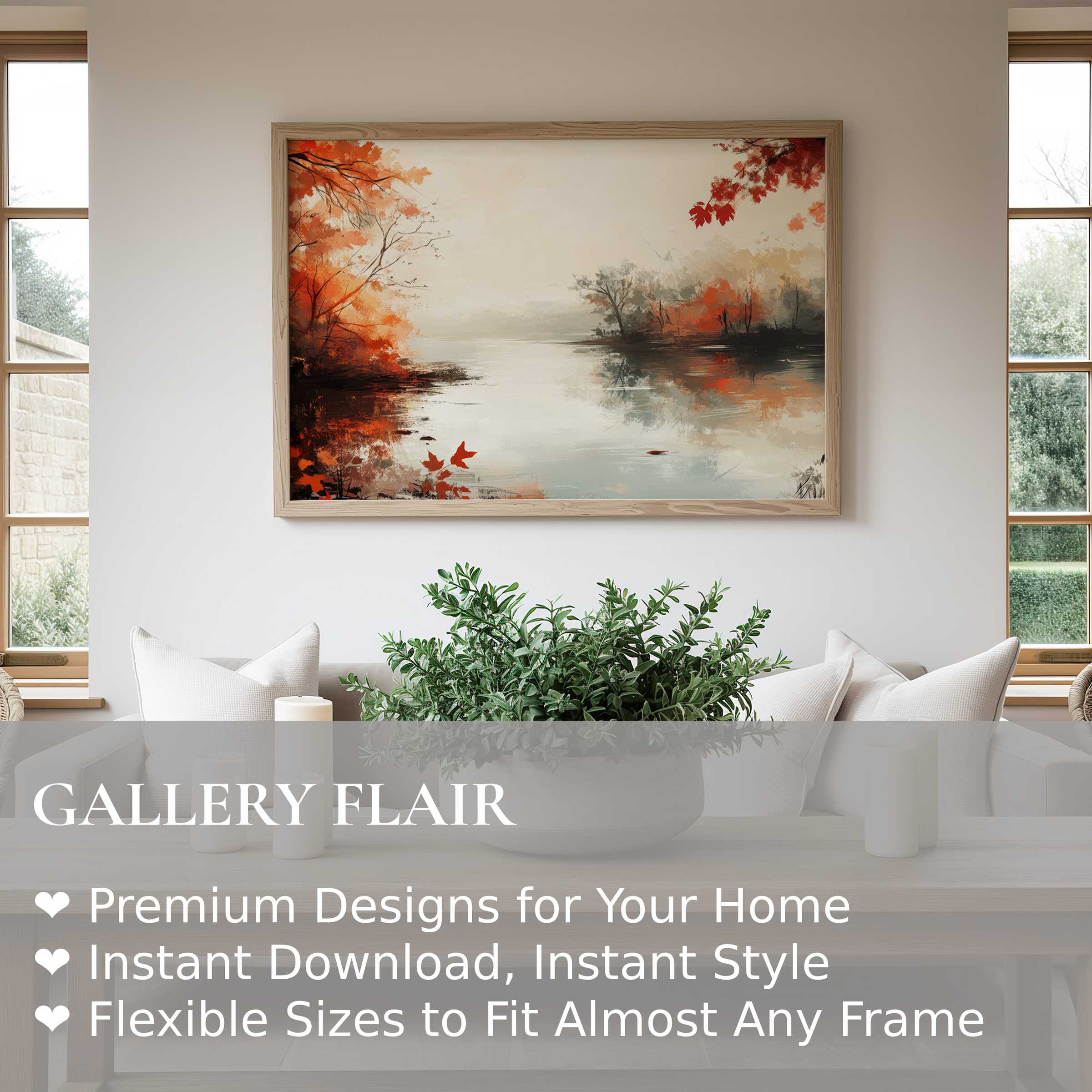 Radiant landscape wall art print featuring autumnal hues and serene water reflections, elevating modern minimalist interiors with warm elegance