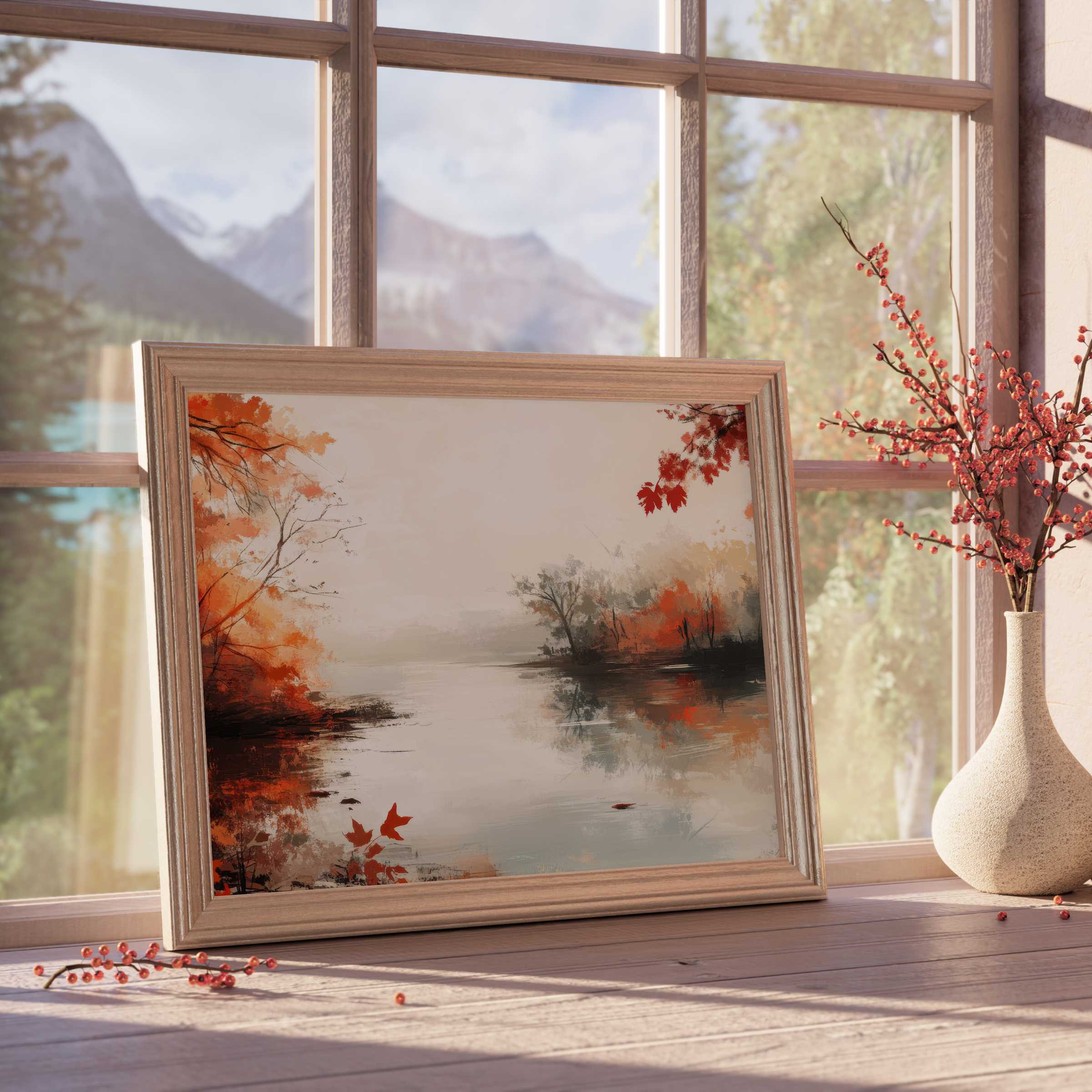 Tranquil landscape downloadable art with warm autumn hues, enhancing serene, curated interiors with refined natural elegance