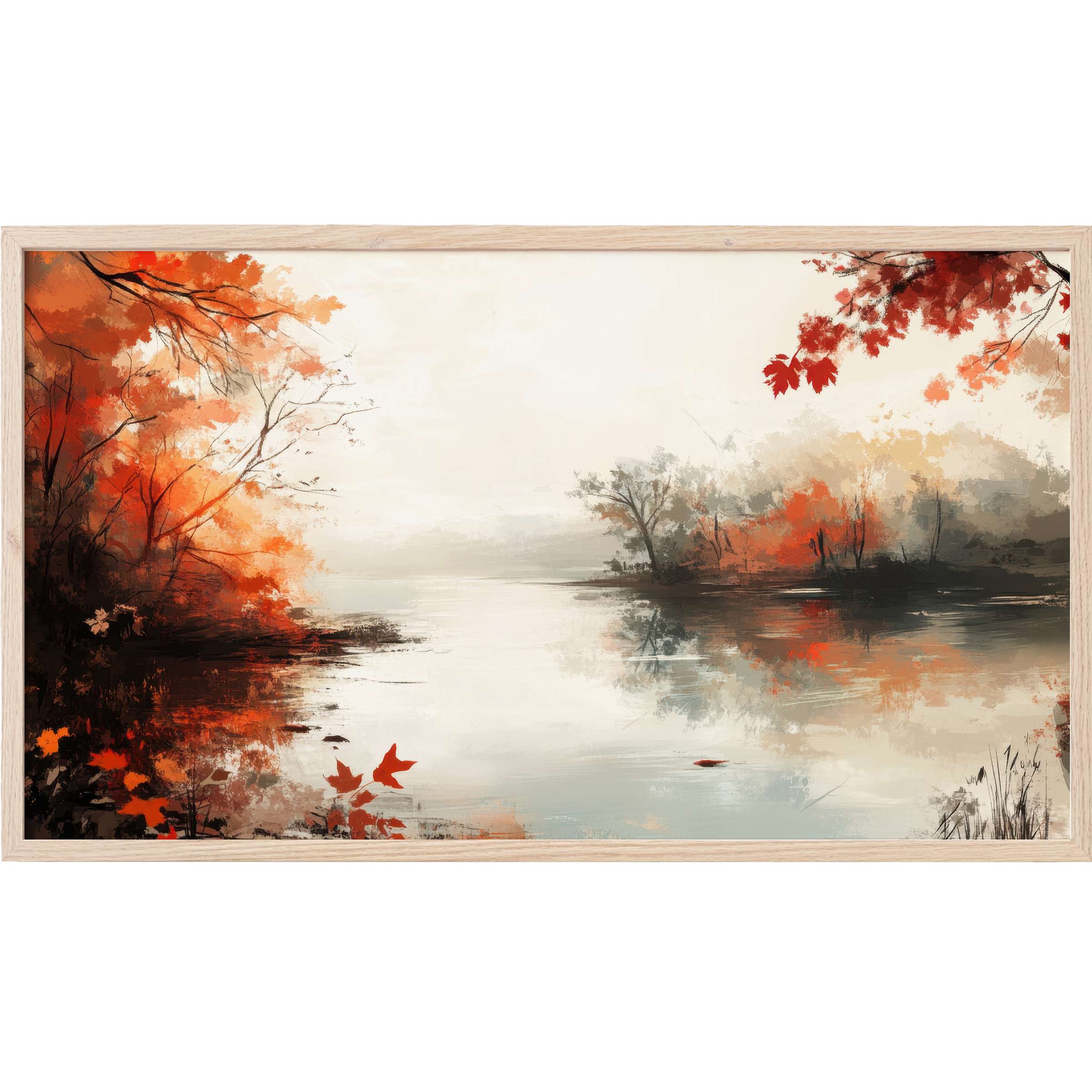 Serene autumn landscape with vivid orange foliage and soft reflections in water, perfect landscape Frame TV Art