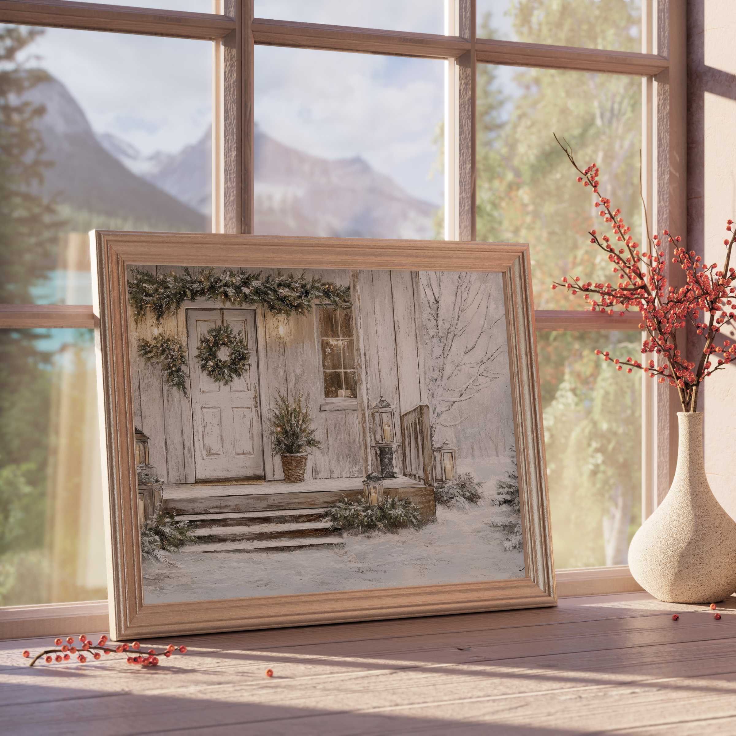 Christmas downloadable art capturing serene snowy porch scenes with warm lantern light, perfect for refined seasonal home decor