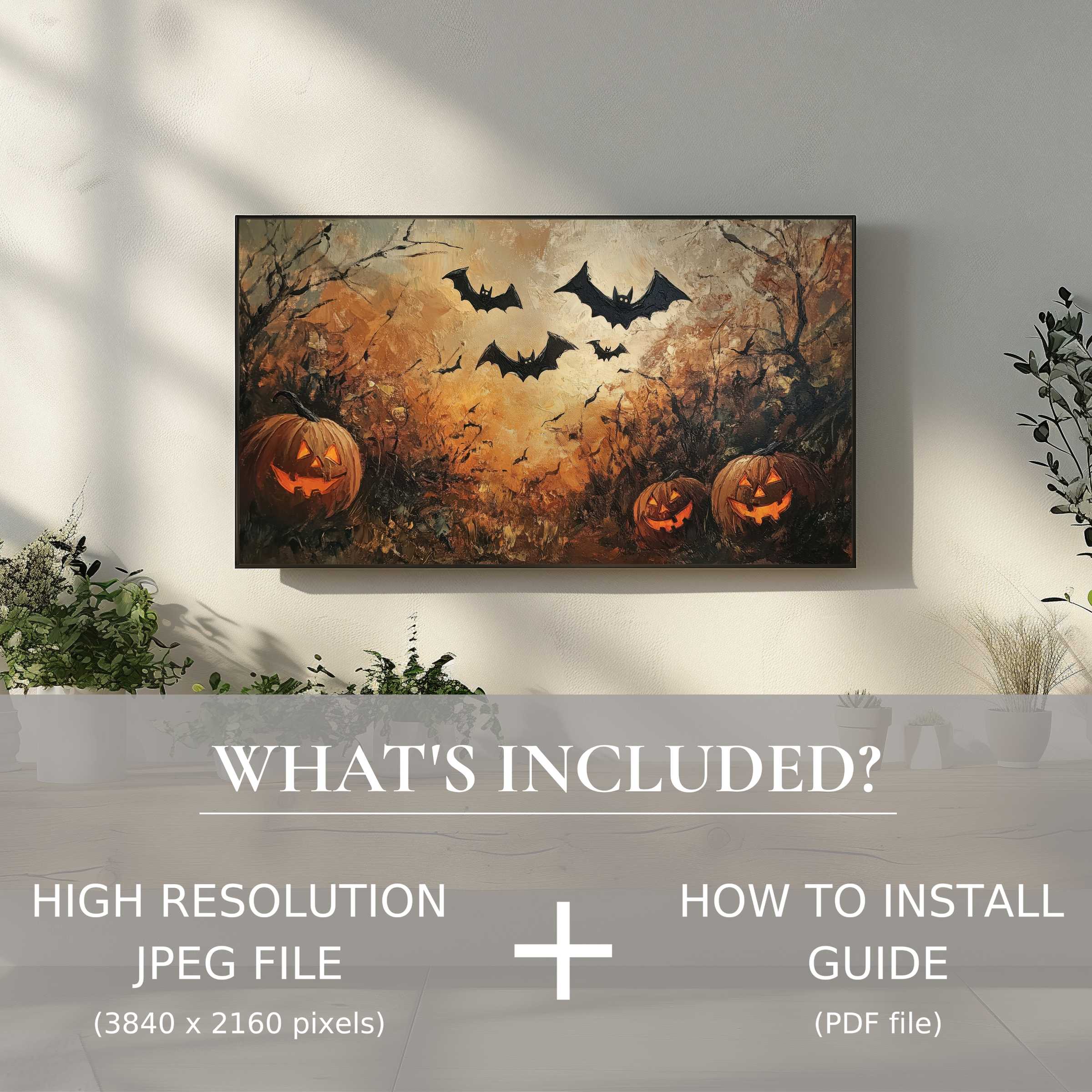 Modern living room with warm Halloween digital TV art download, easily enhancing ambiance with simple digital use