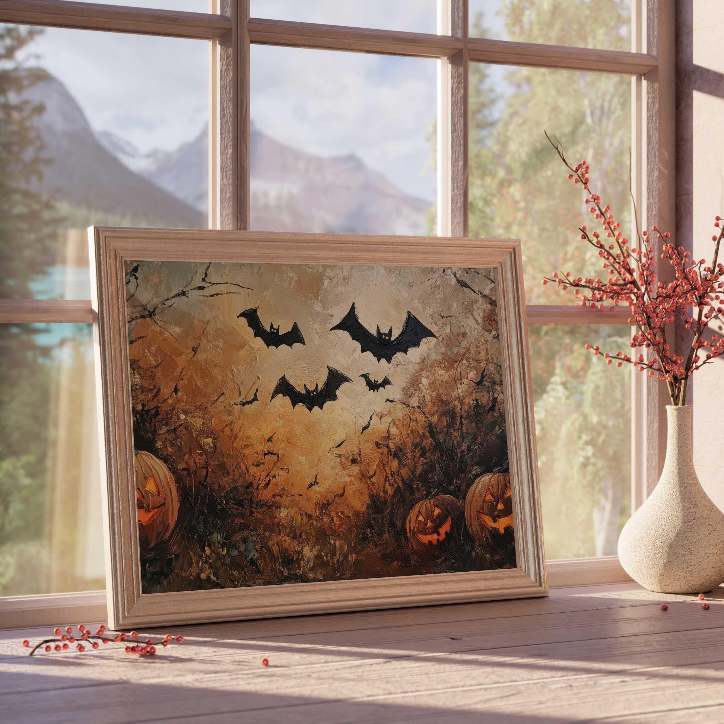 Halloween downloadable art featuring glowing jack-o'-lanterns and flying bats, adding moody warmth to curated interiors