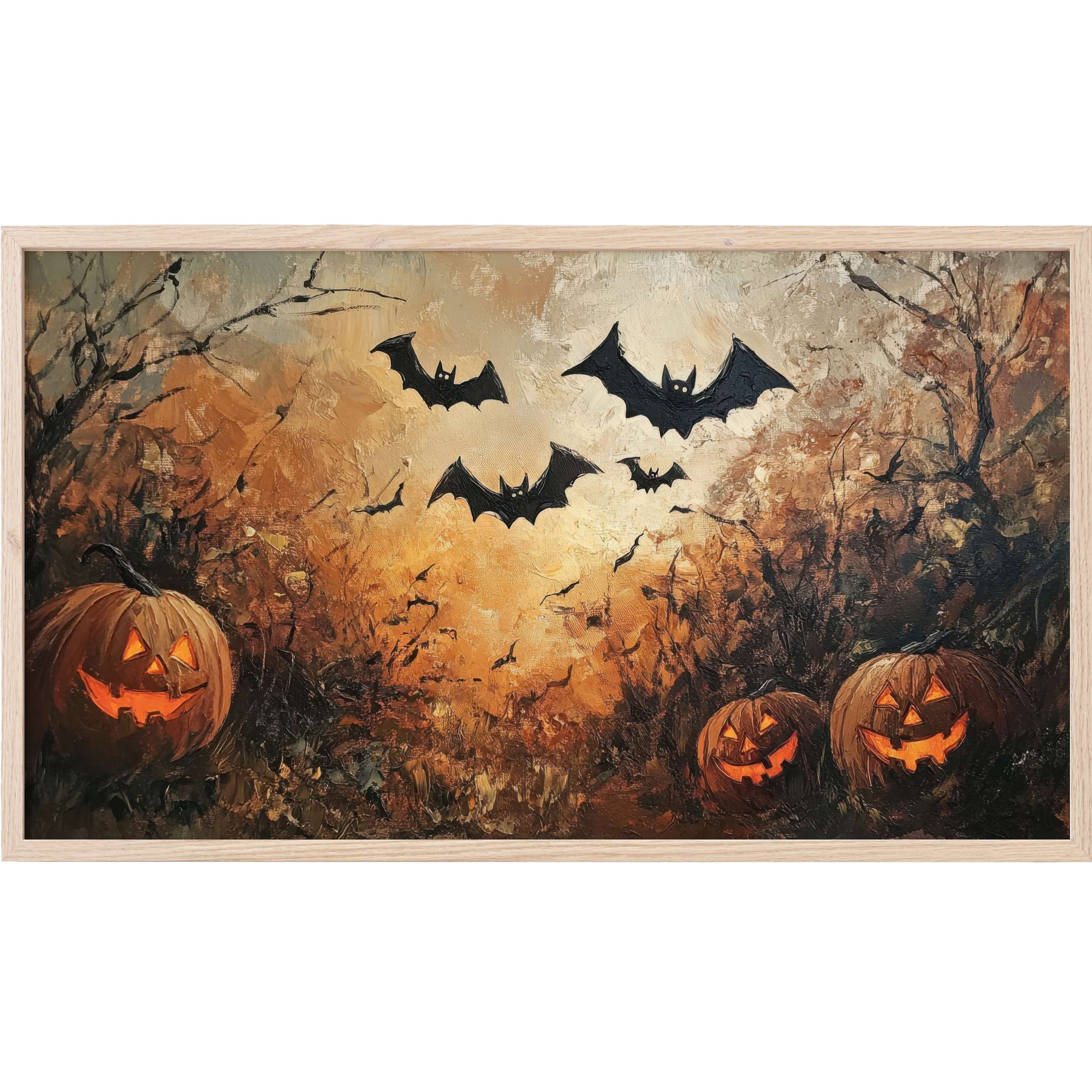 Halloween Frame TV Art depicts glowing jack-o'-lanterns and flying bats in warm, textured autumnal hues