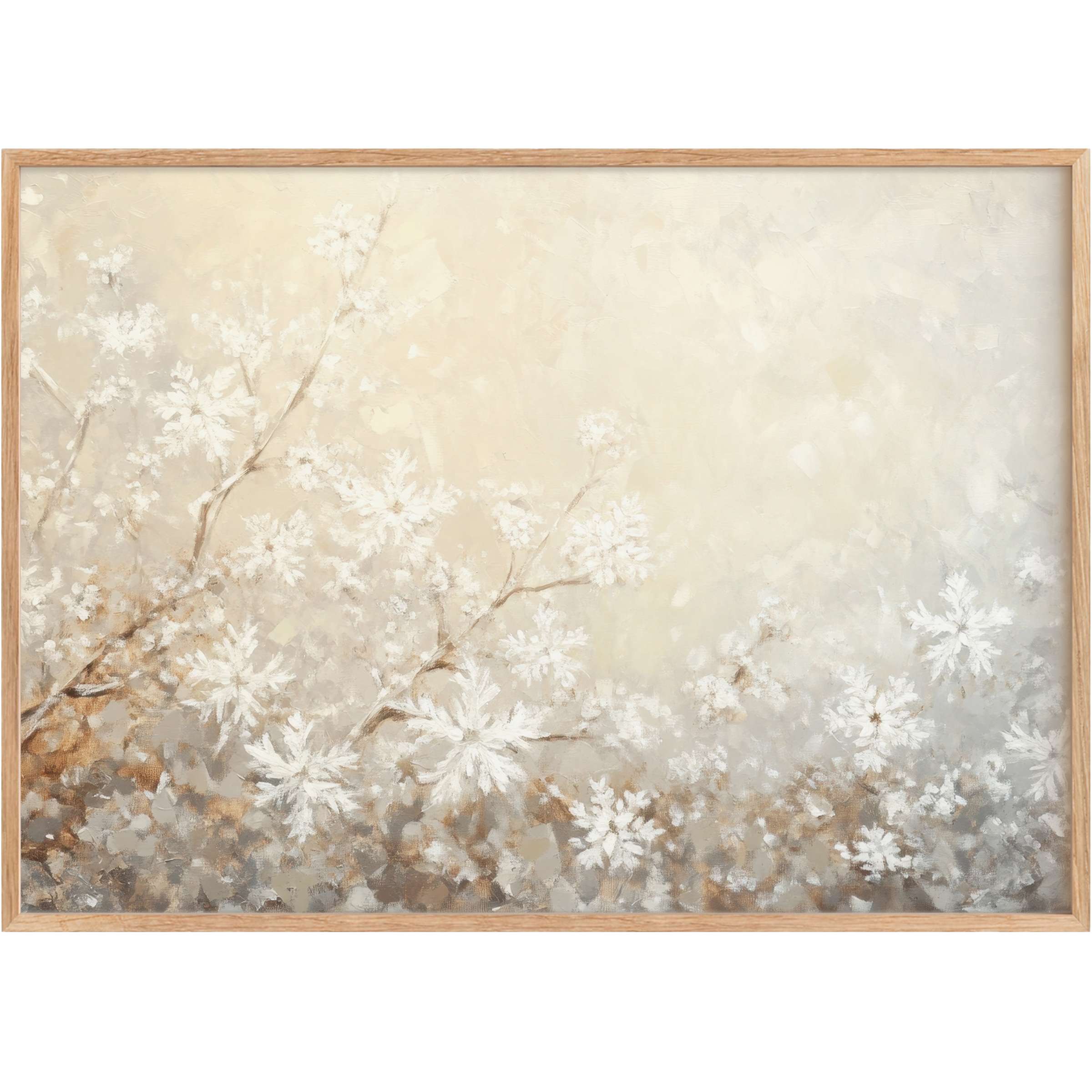Ethereal winter printable wall art with delicate white snowflakes and soft beige tones, evoking serene, cozy elegance