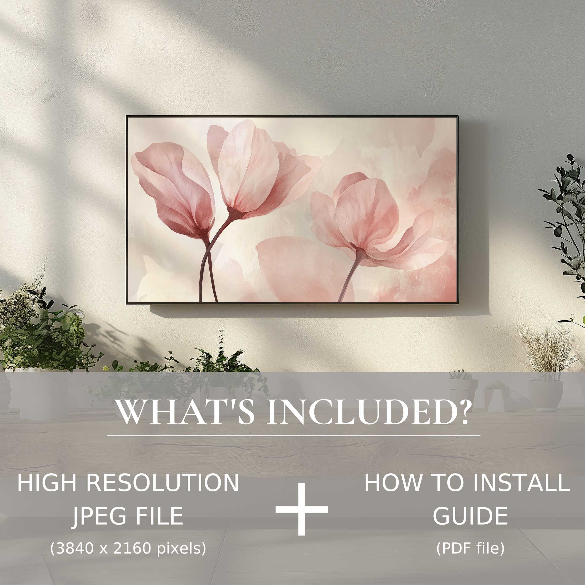 Elegant modern digital TV art download with soft florals, easily enhancing stylish living spaces via high-res digital use