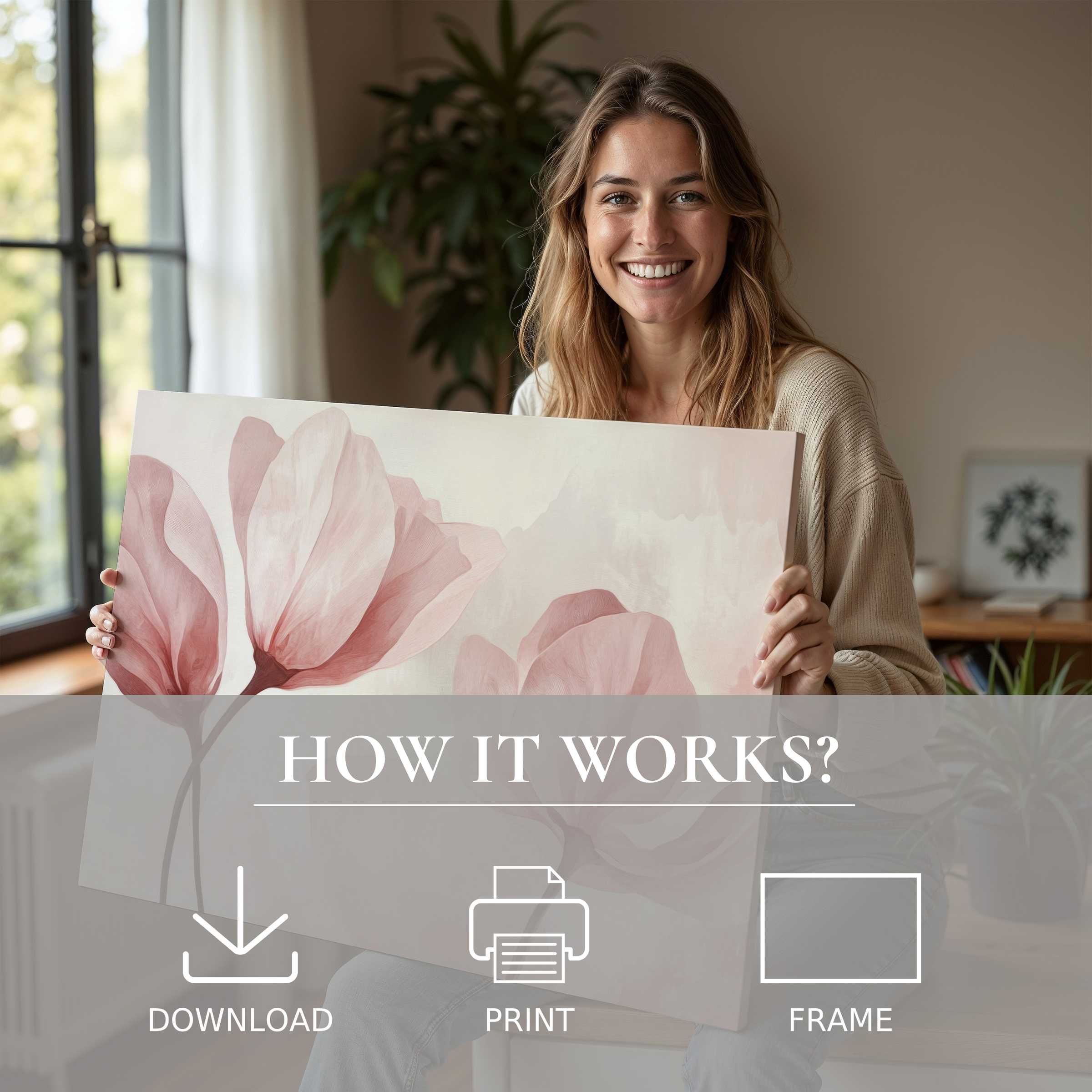 Radiant joy in a sunlit modern home, embracing the serene beauty of a modern digital art print’s soft floral elegance