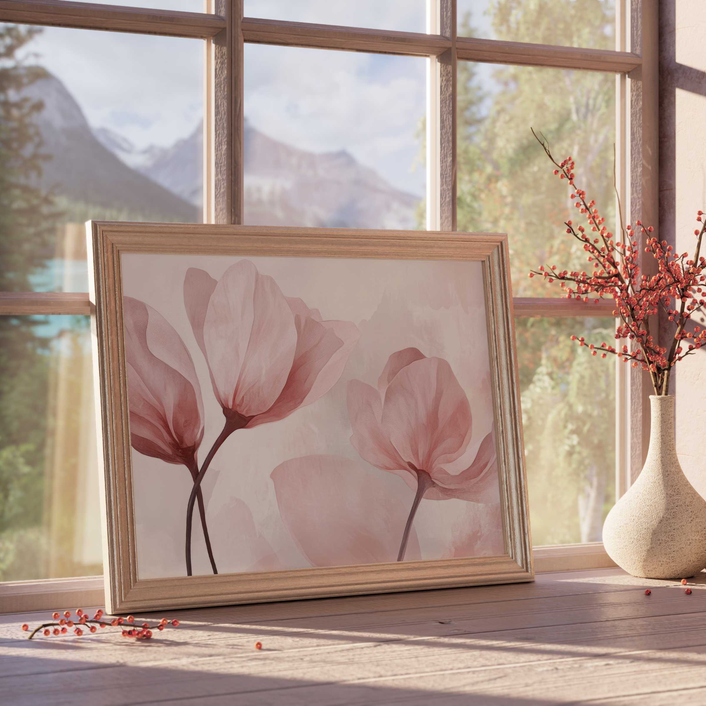 Modern downloadable art featuring soft blush florals in a natural wood frame, elevating serene, curated spaces with elegant botanical charm