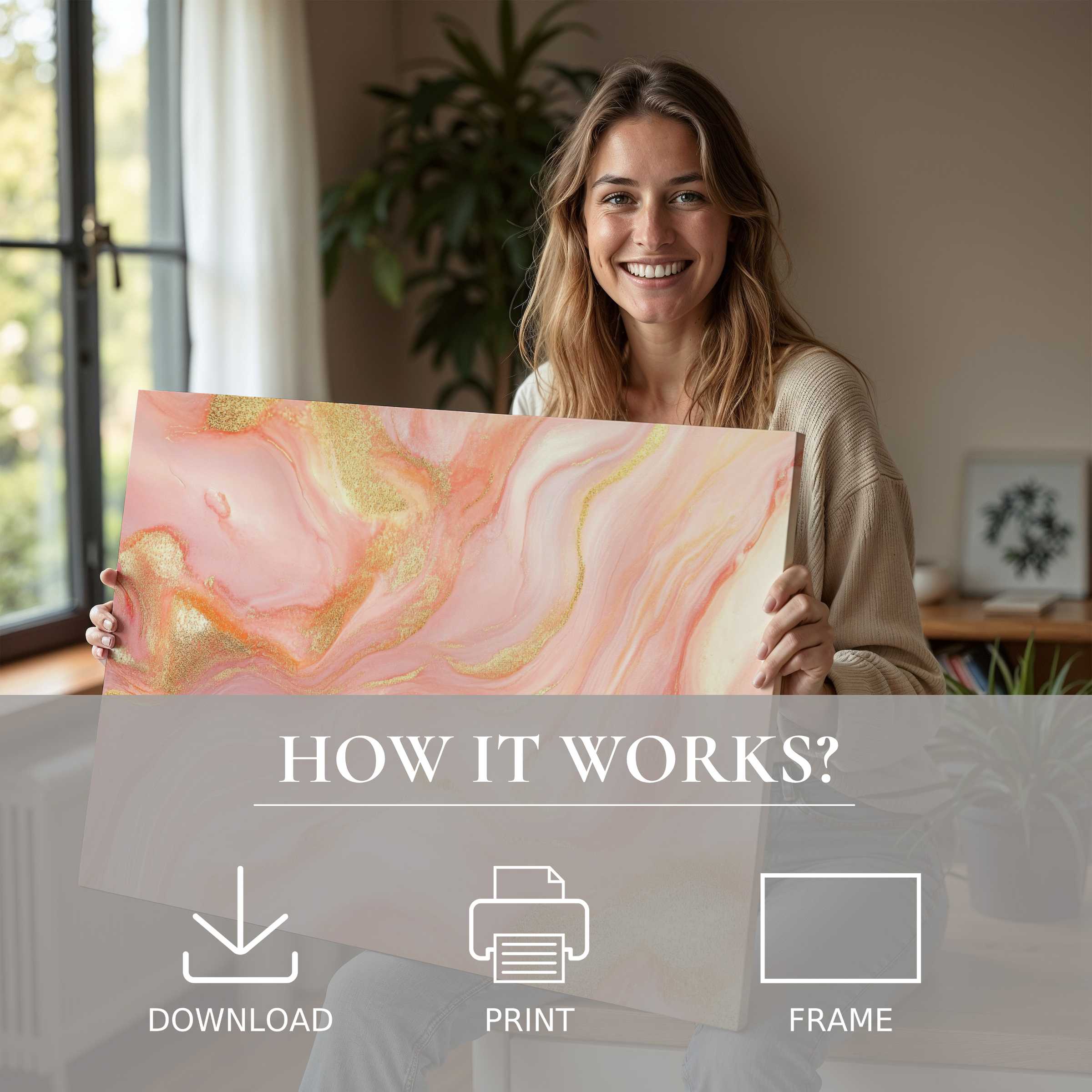 A radiant moment of connection and joy with abstract digital art print in soft peach and gold tones, enhancing modern home elegance