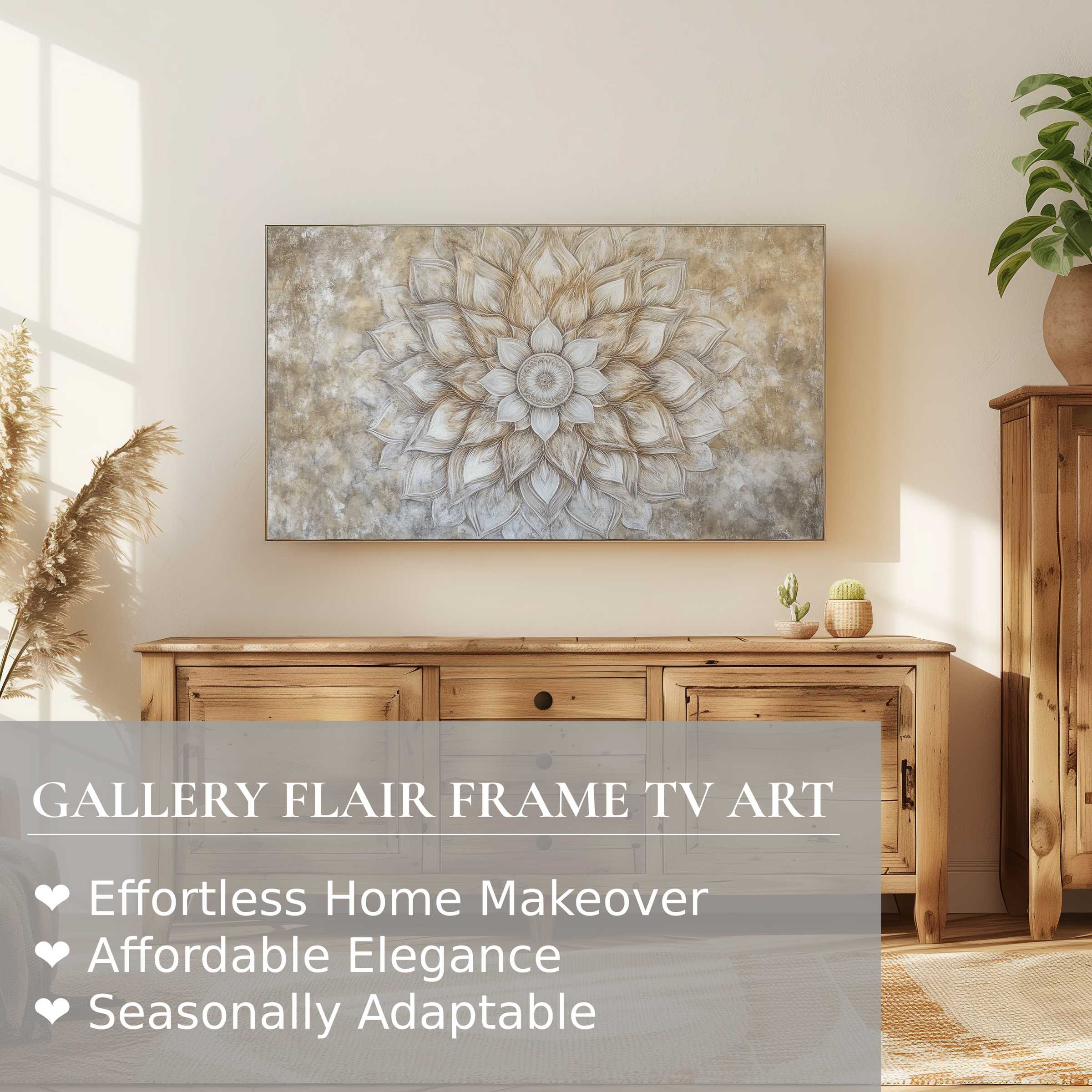 Samsung Frame TV displays neutral digital artwork, enhancing a modern, elegant, sunlit living room with natural wood tones