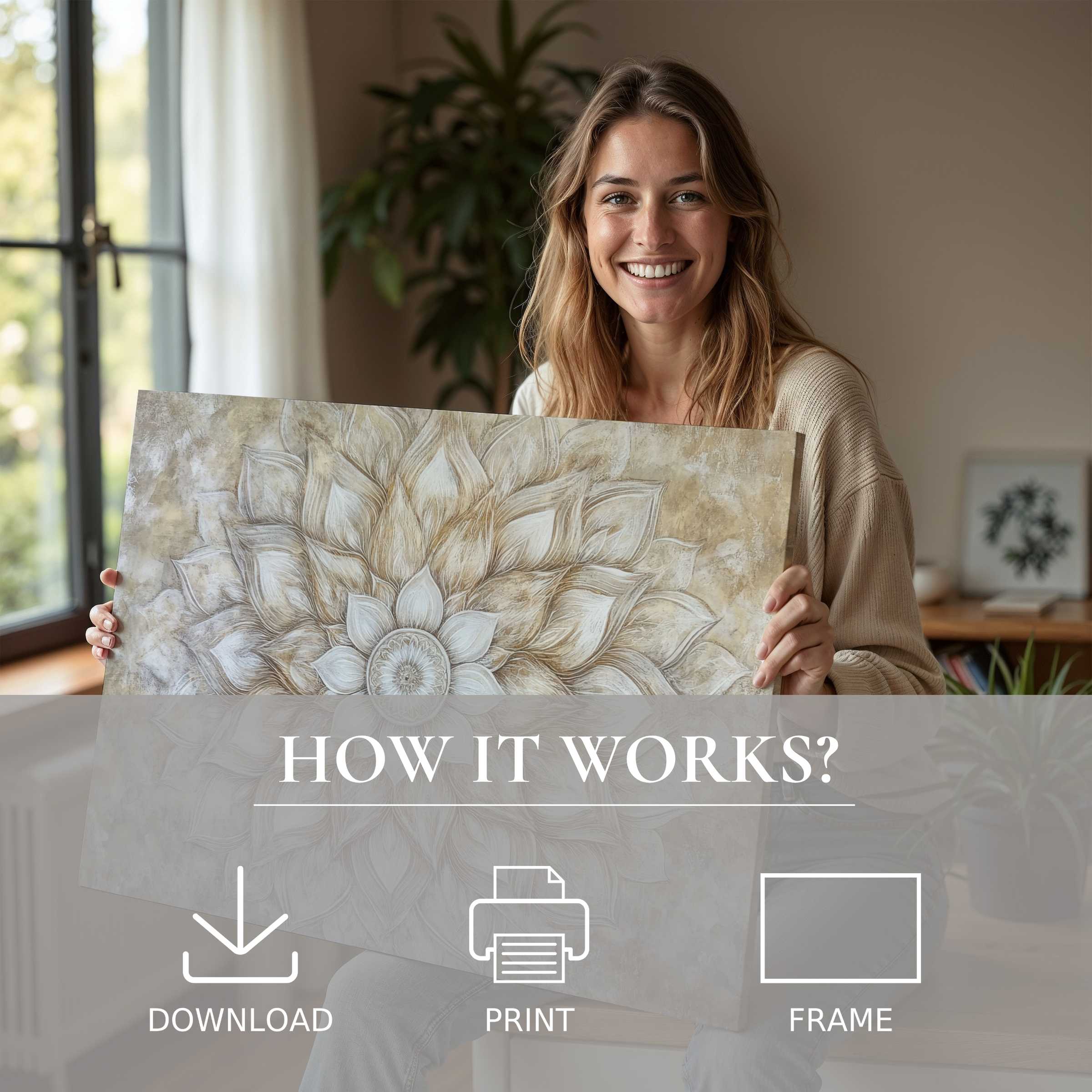 A serene moment of connection and joy as a woman reveals a neutral digital art print, enriching her modern home’s calm ambiance with effortless elegance