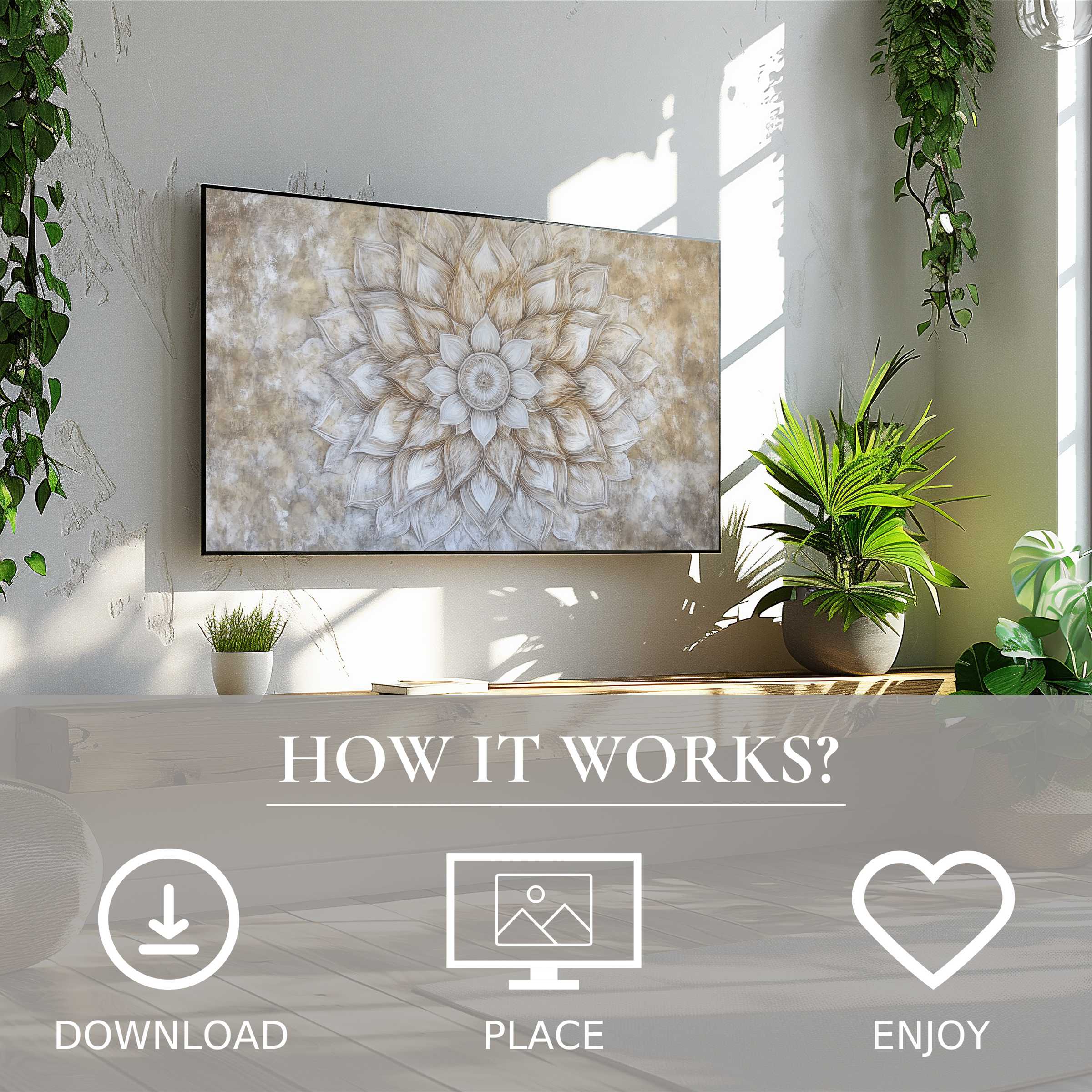 Neutral art for Samsung TV showing soft beige floral motif, easy digital download, enriches modern living spaces