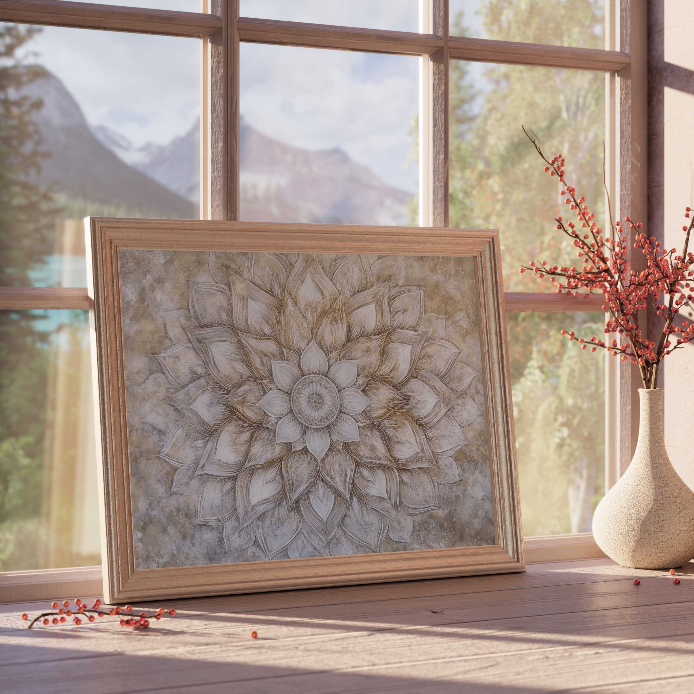 Neutral downloadable art featuring a serene floral mandala in soft beige tones, enriching tranquil, curated interiors with warm elegance