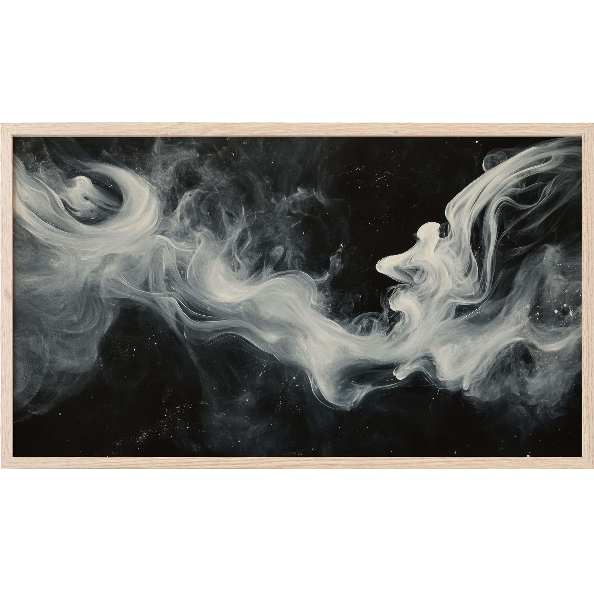 Ethereal white smoke swirls on deep black, framed in light wood - black and white Frame TV Art for refined modern interiors