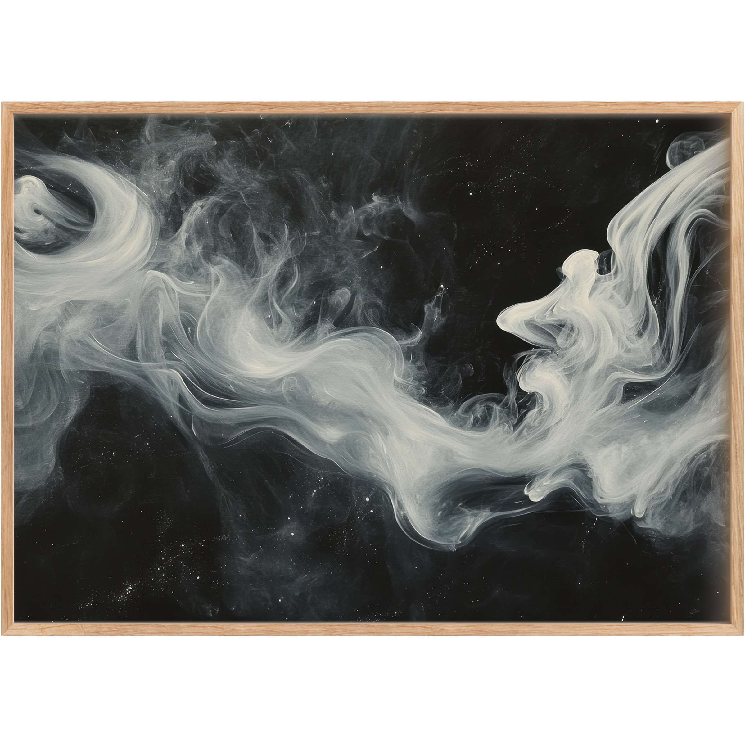 Ethereal black and white printable wall art featuring swirling smoky whites against deep black, evoking a serene, mystical ambiance