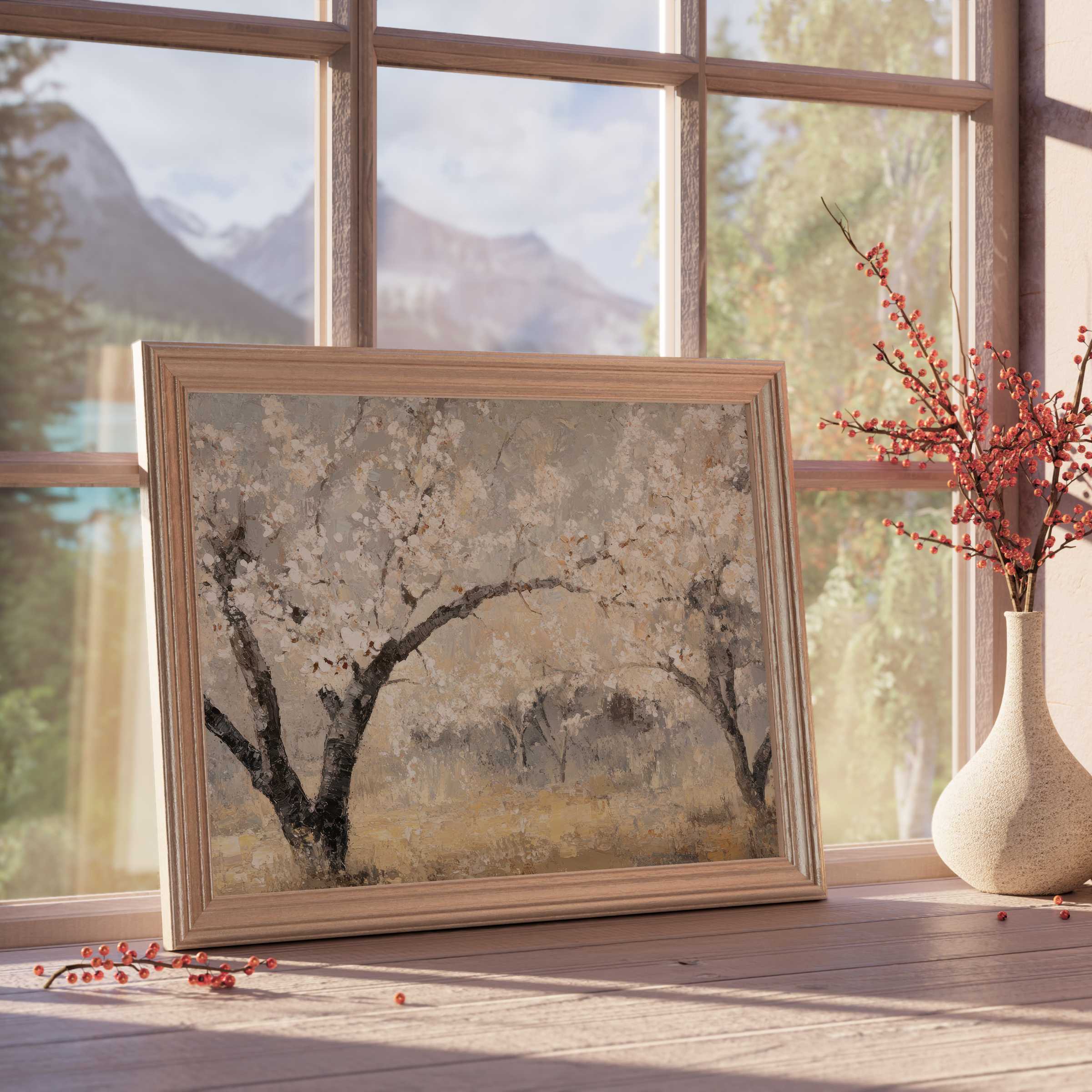 Serene tree downloadable art in soft neutrals, framed elegantly to elevate tranquil, curated interiors with warm, timeless natural beauty