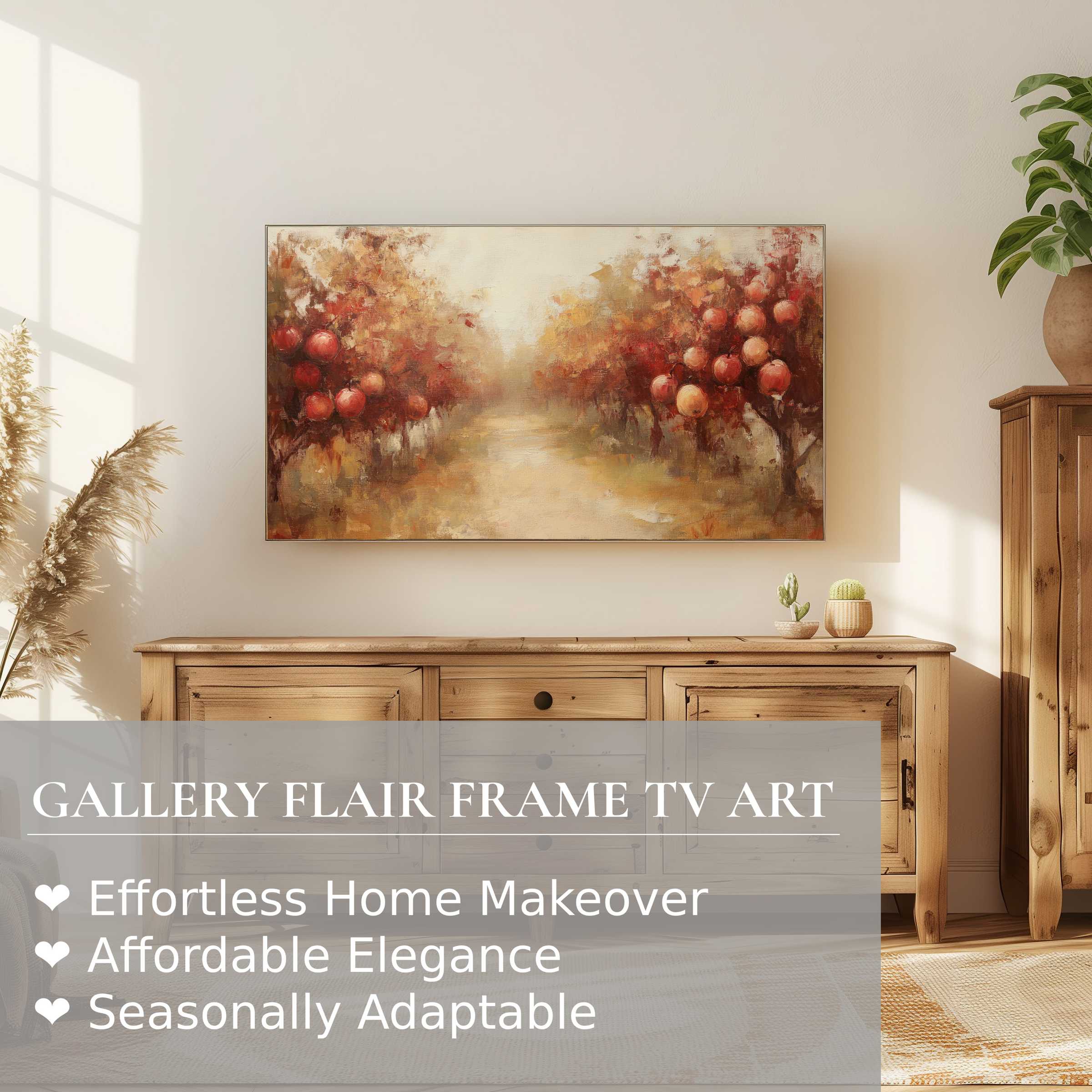 Elegant fall digital artwork on Samsung Frame TV blends warm tones with rustic decor for refined seasonal style