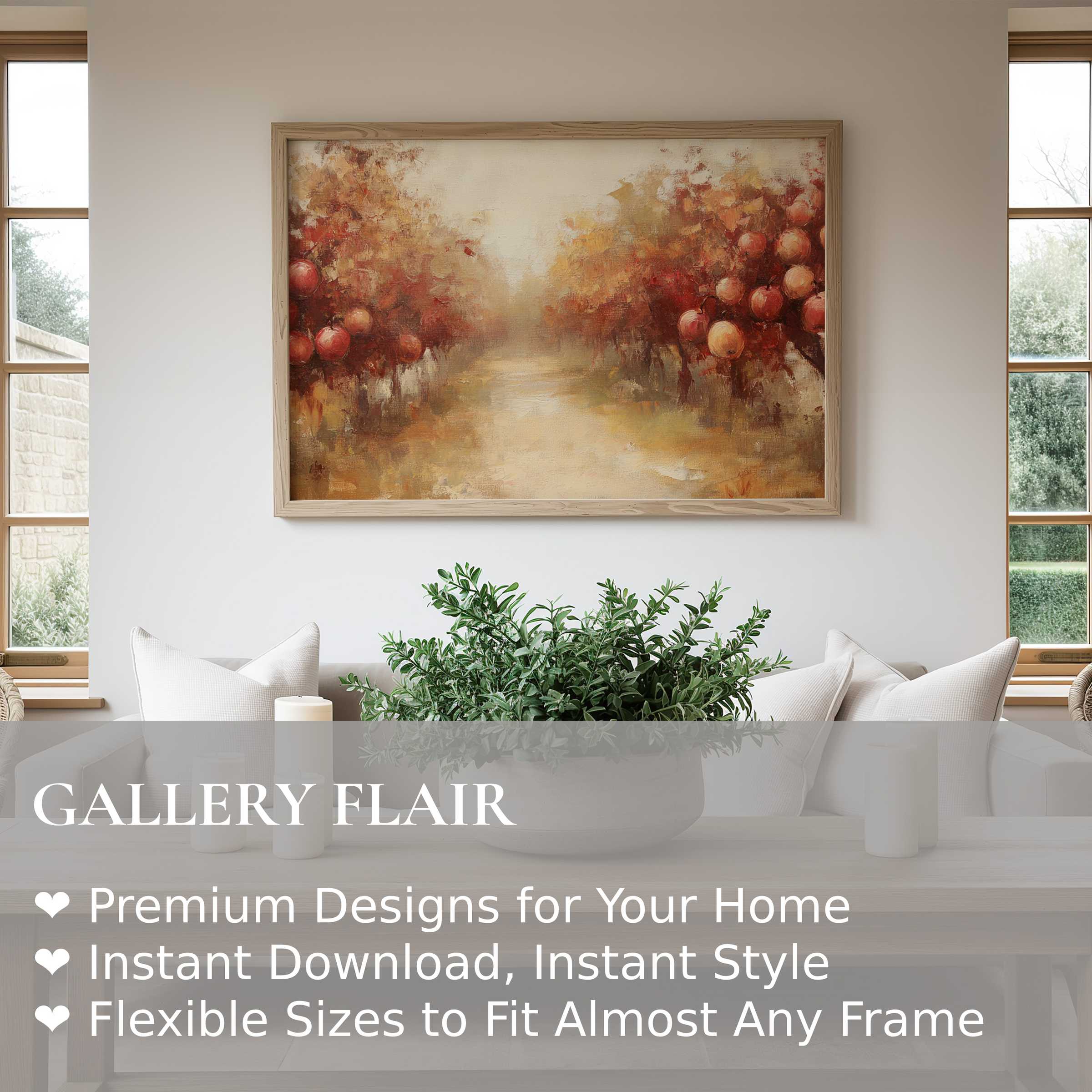 Fall wall art print featuring a radiant orchard pathway in warm amber tones, enriching modern minimalist interiors with cozy autumn charm