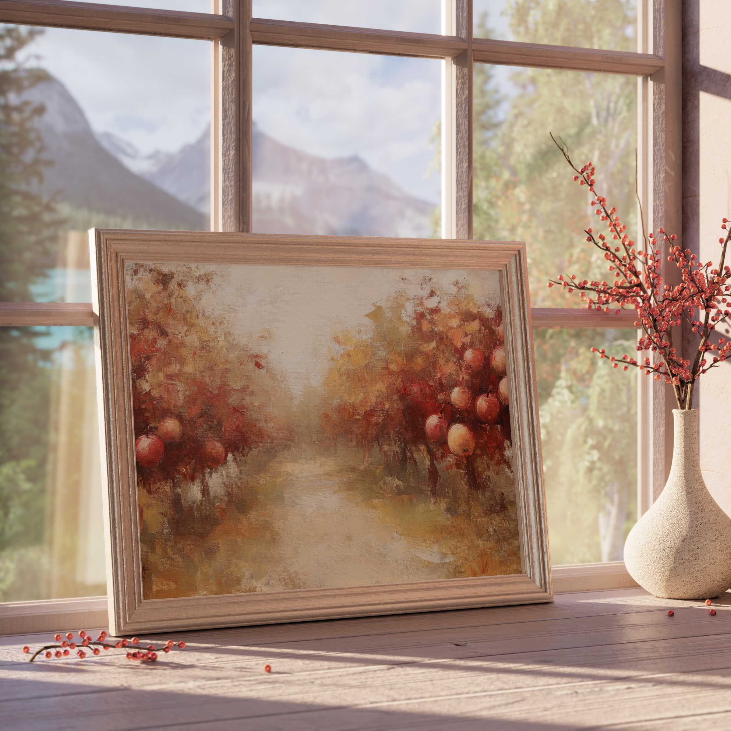 Fall downloadable art evoking serene orchard pathways in warm, earthy tones, perfect for curated, tranquil modern interiors