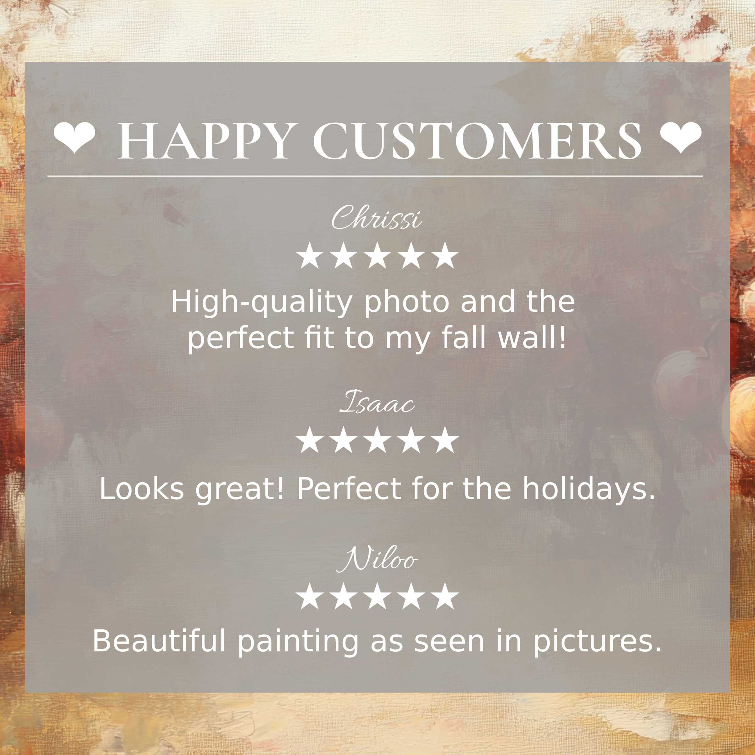 Fall art for Frame TV with abstract sunset colors; layout highlights happy customer reviews, fostering trust and style