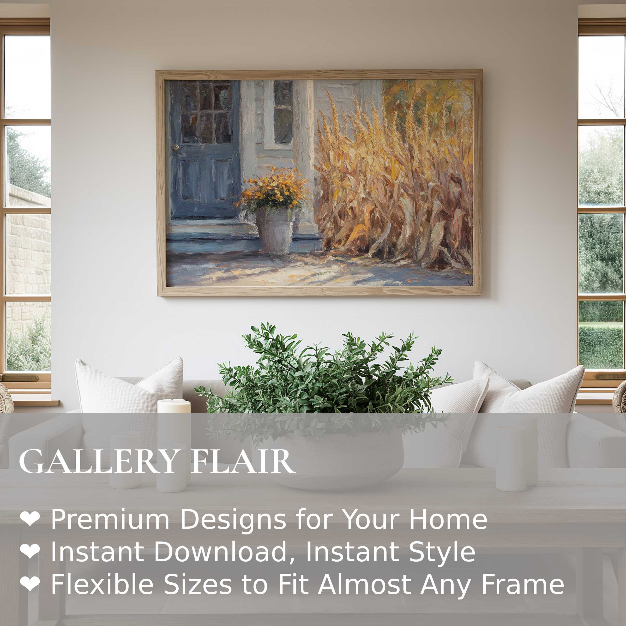 Farmhouse wall art print capturing rustic charm with warm, radiant tones; enhances cozy, modern farmhouse interiors with timeless elegance