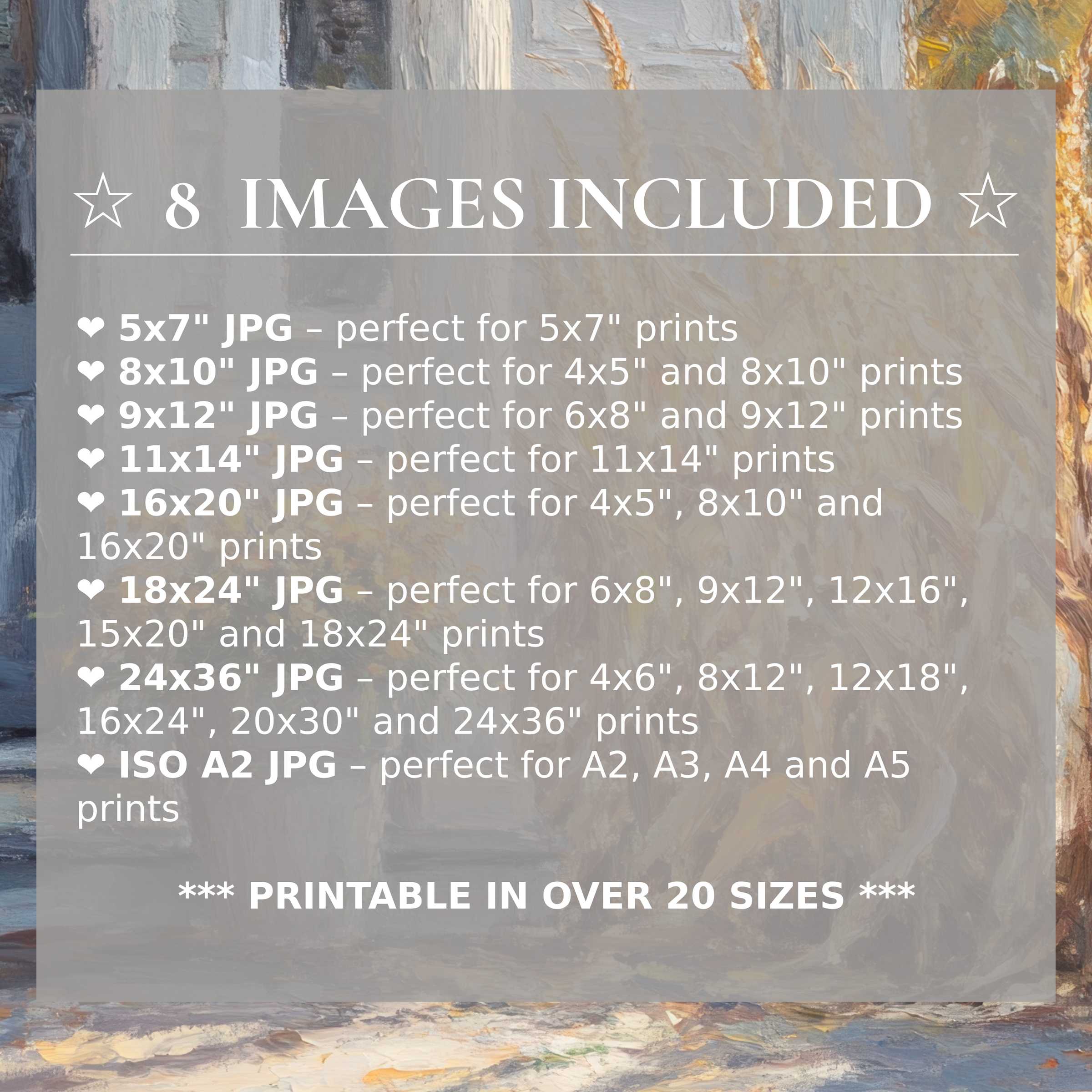 Farmhouse digital print exuding calming blues and warm golds, elevating modern interiors with 8 high-quality sizes included