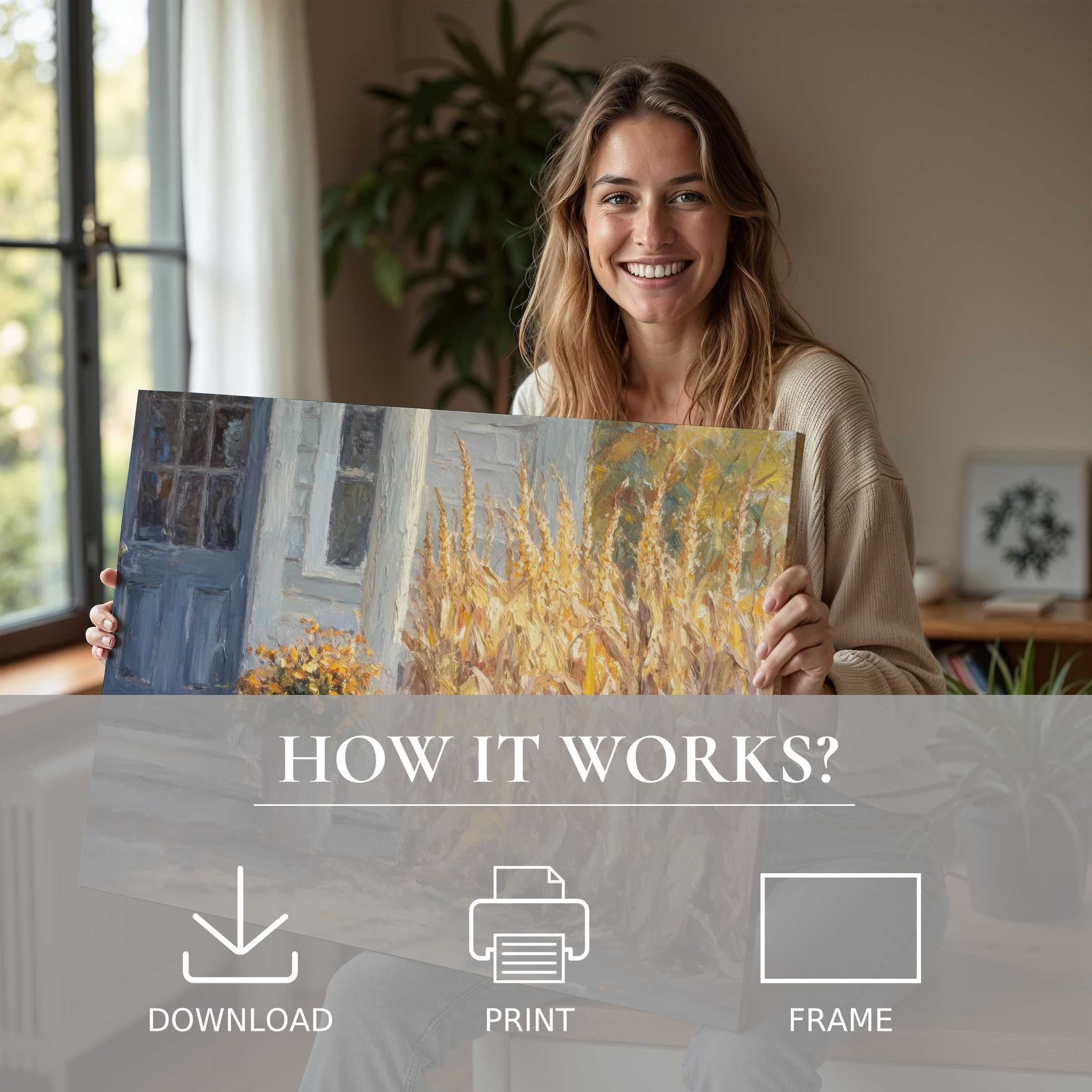 Bright farmhouse digital art print embraced in a modern home, evoking serene joy and effortless elegance