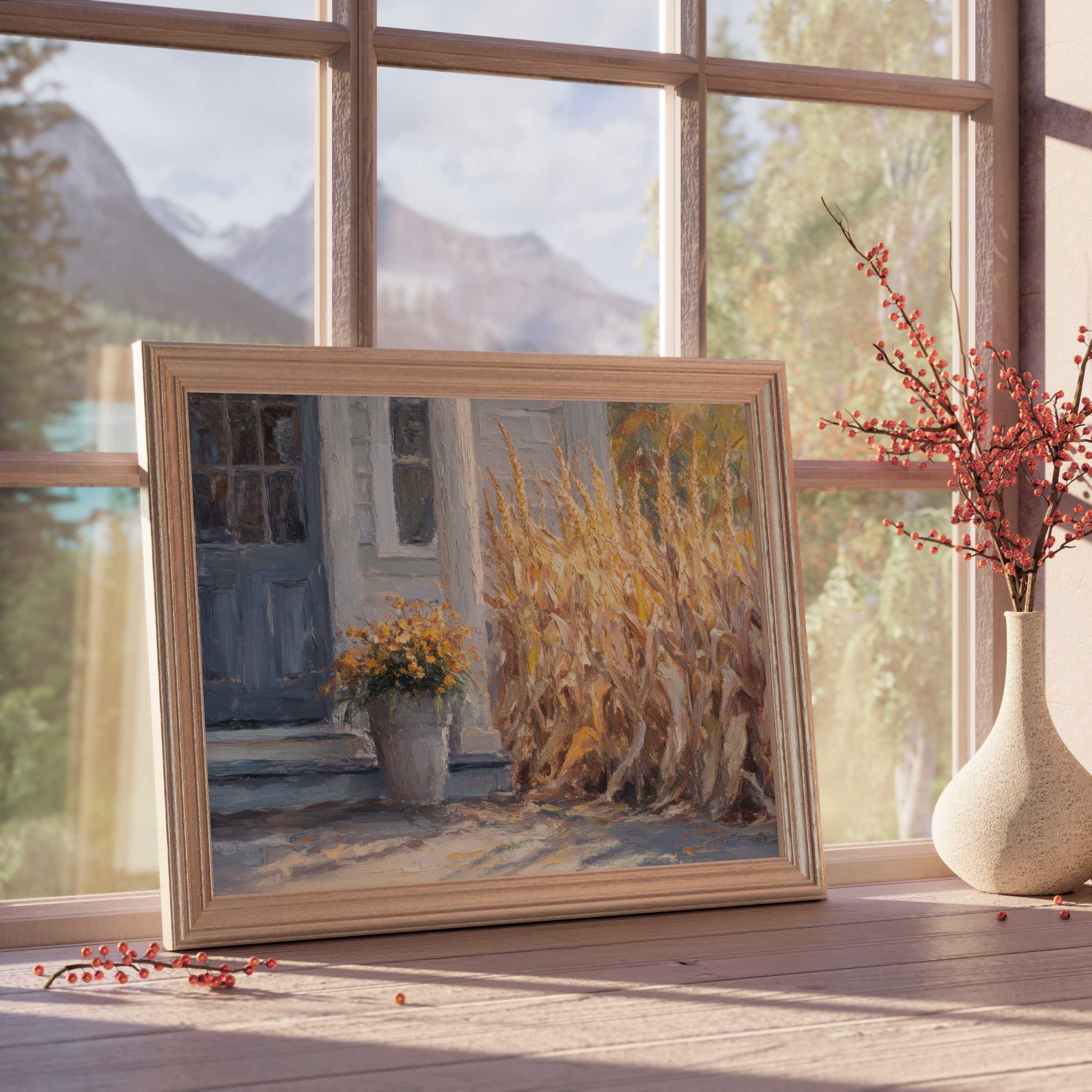 Farmhouse downloadable art capturing warm autumn hues by the porch, enhancing serene, curated rustic interiors