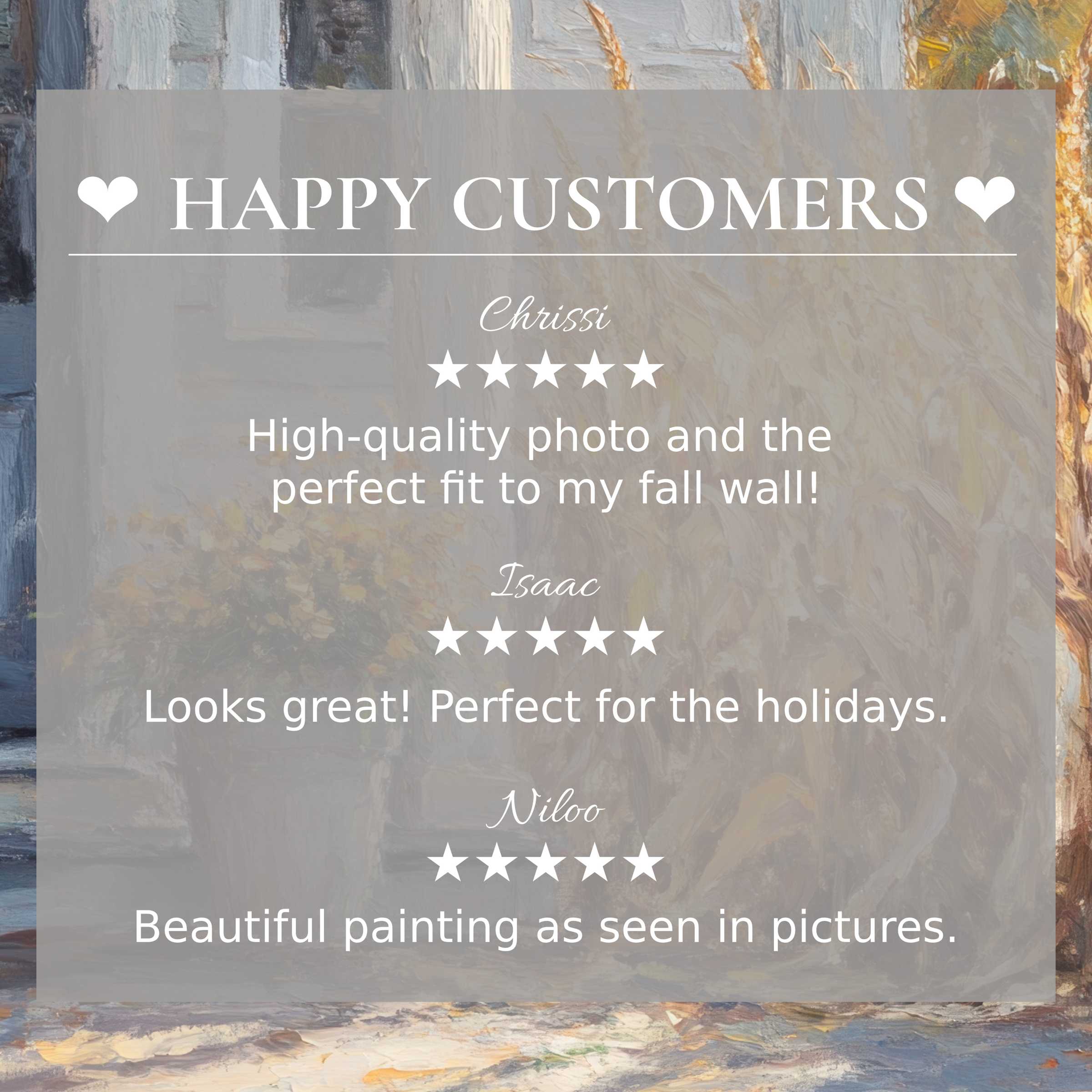 Farmhouse art for Frame TV with abstract sunset tones, showcasing happy customer reviews and elegant trust