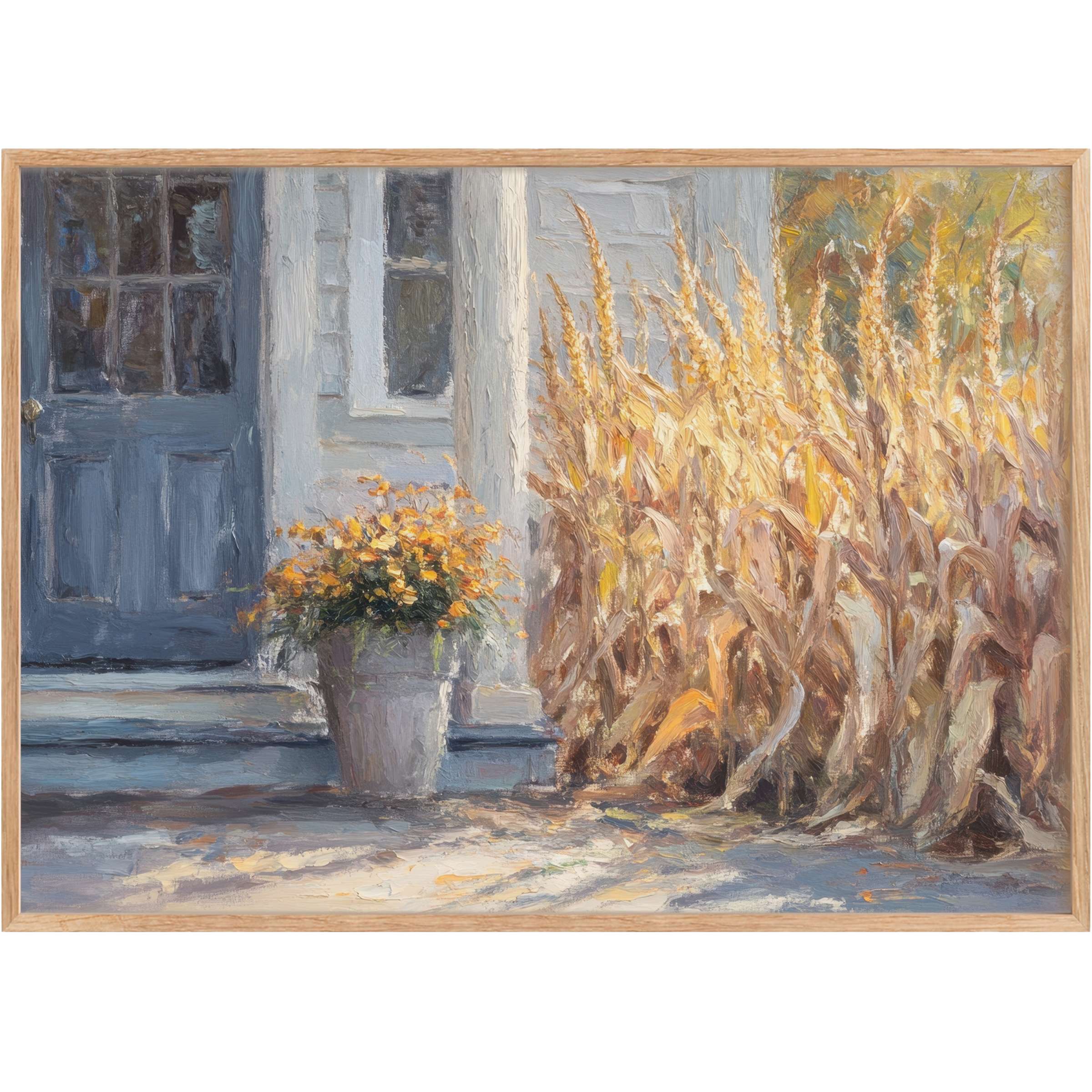 Sunlit farmhouse printable wall art featuring golden cornstalks and warm florals, evoking a serene, autumnal charm