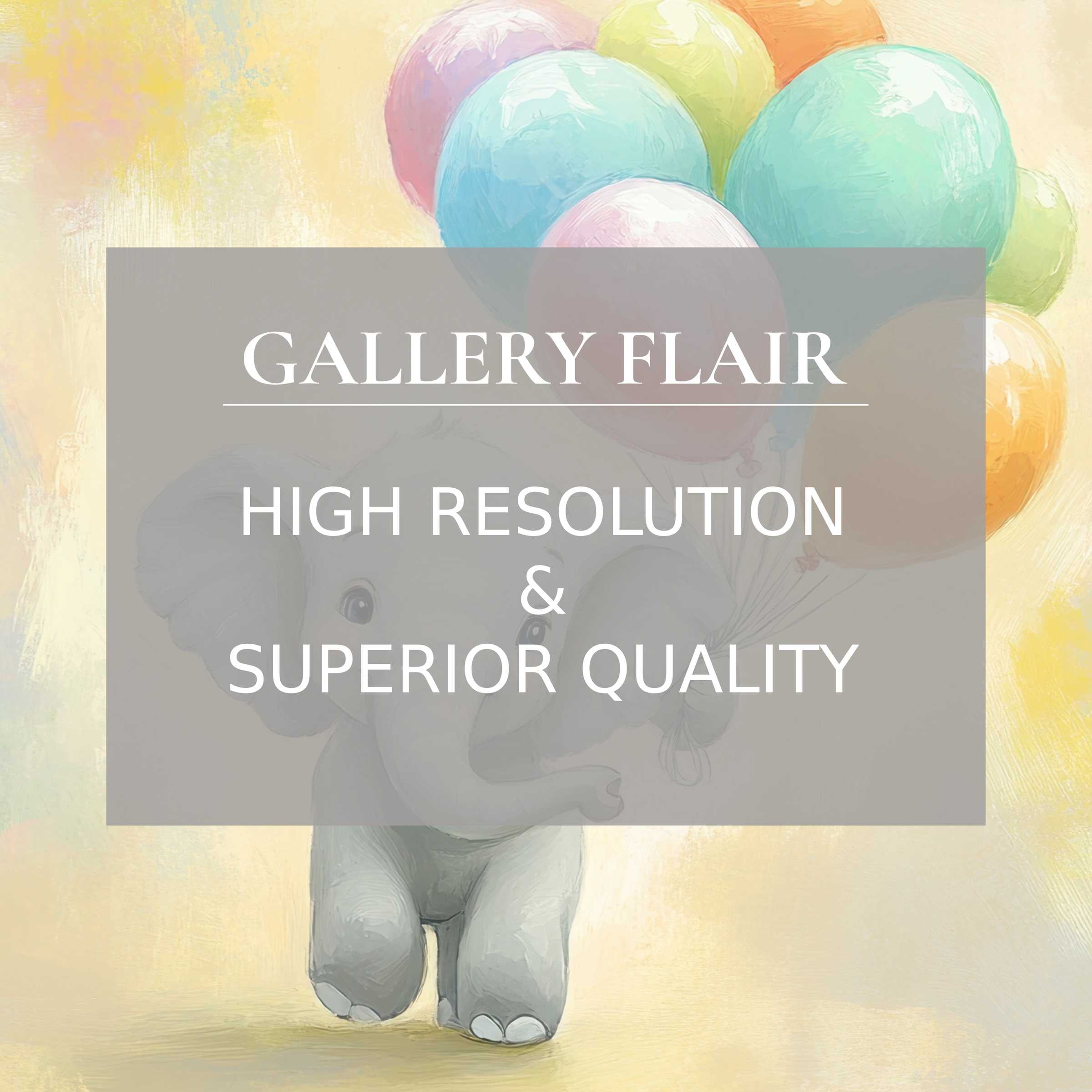Nursery printable art featuring a serene baby elephant with pastel balloons, enhancing modern nurseries with elegant, high-res detail
