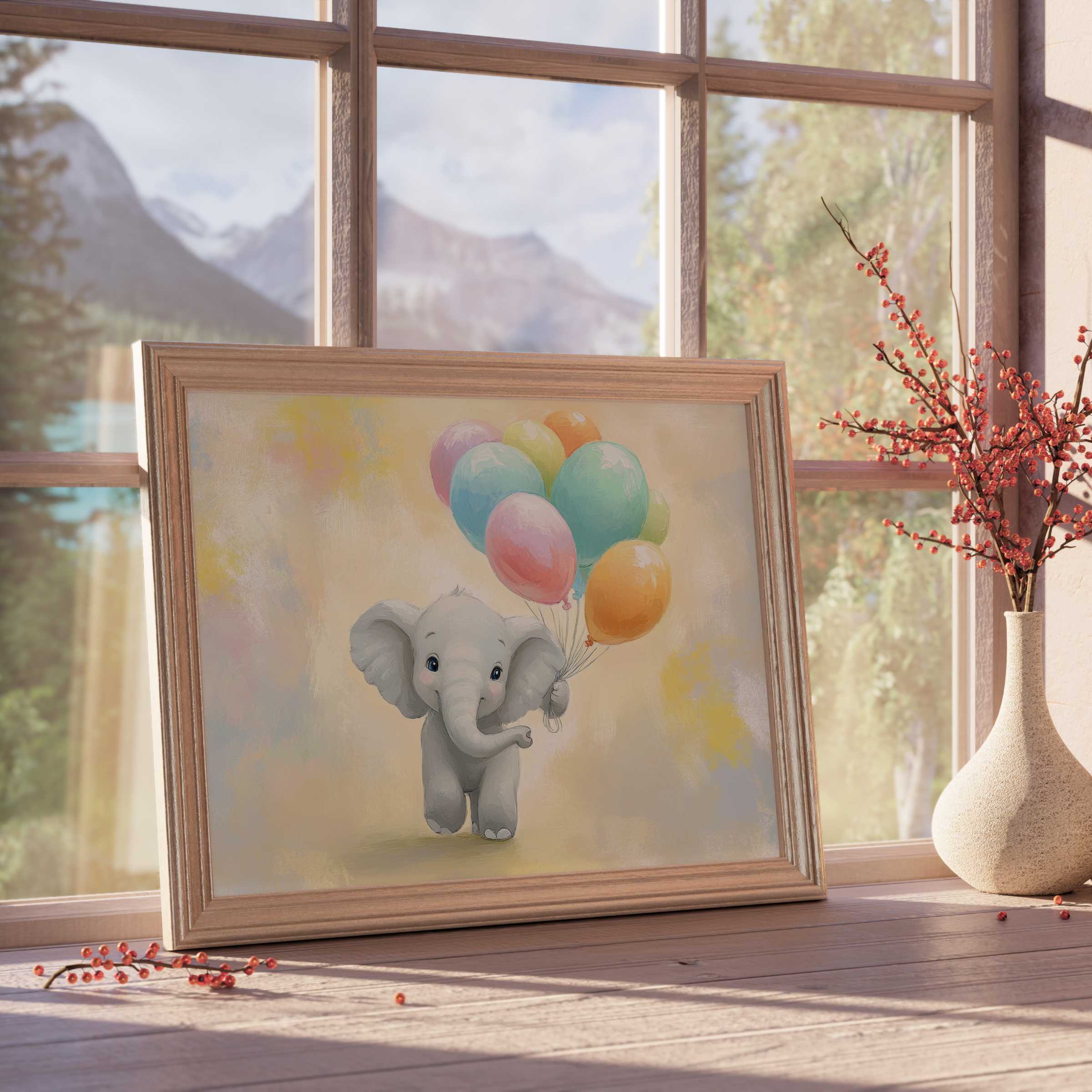 Nursery downloadable art featuring a charming baby elephant with pastel balloons, evoking warmth and whimsy in serene, stylish interiors