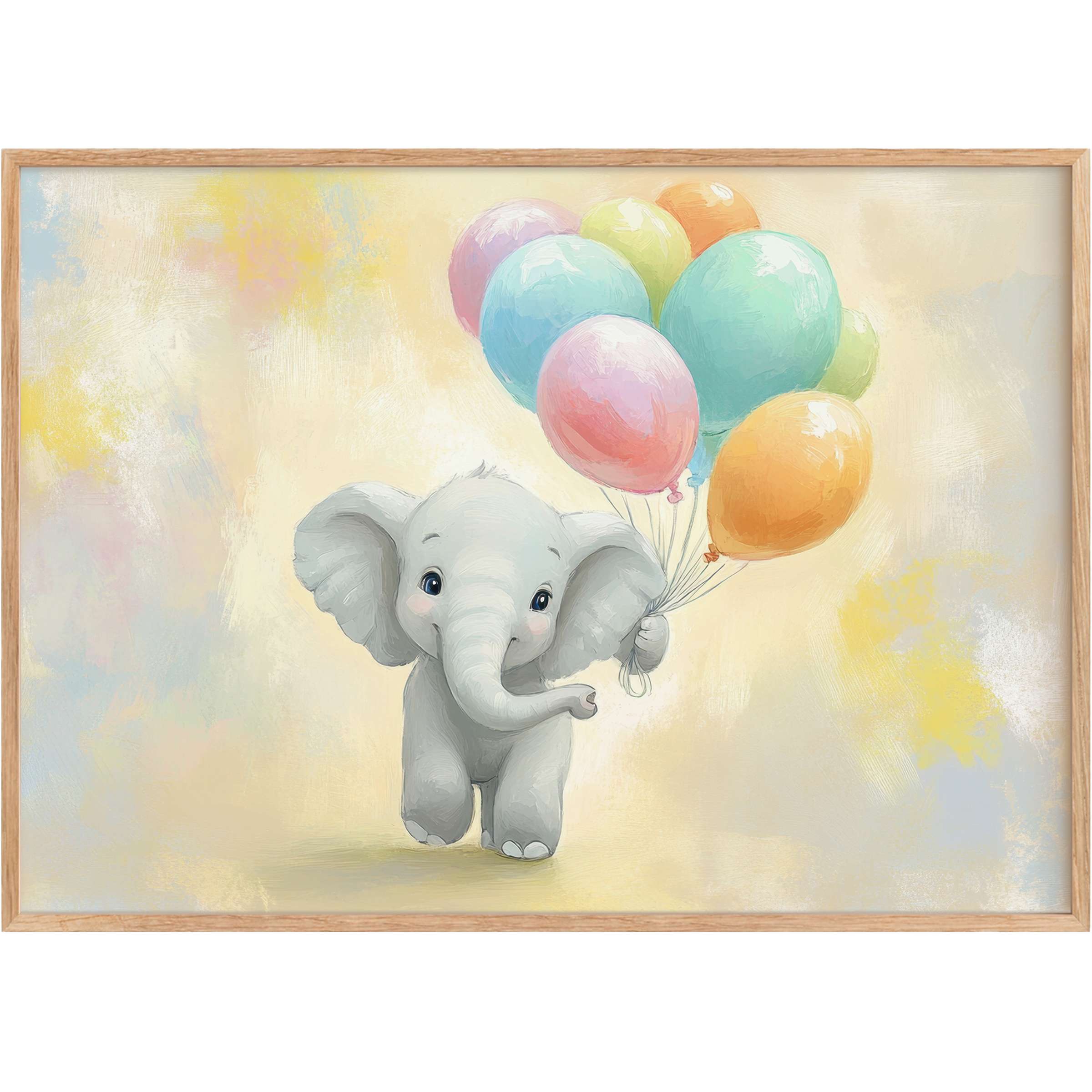 Charming nursery printable wall art featuring a joyful baby elephant with pastel balloons, evoking a serene and playful ambiance