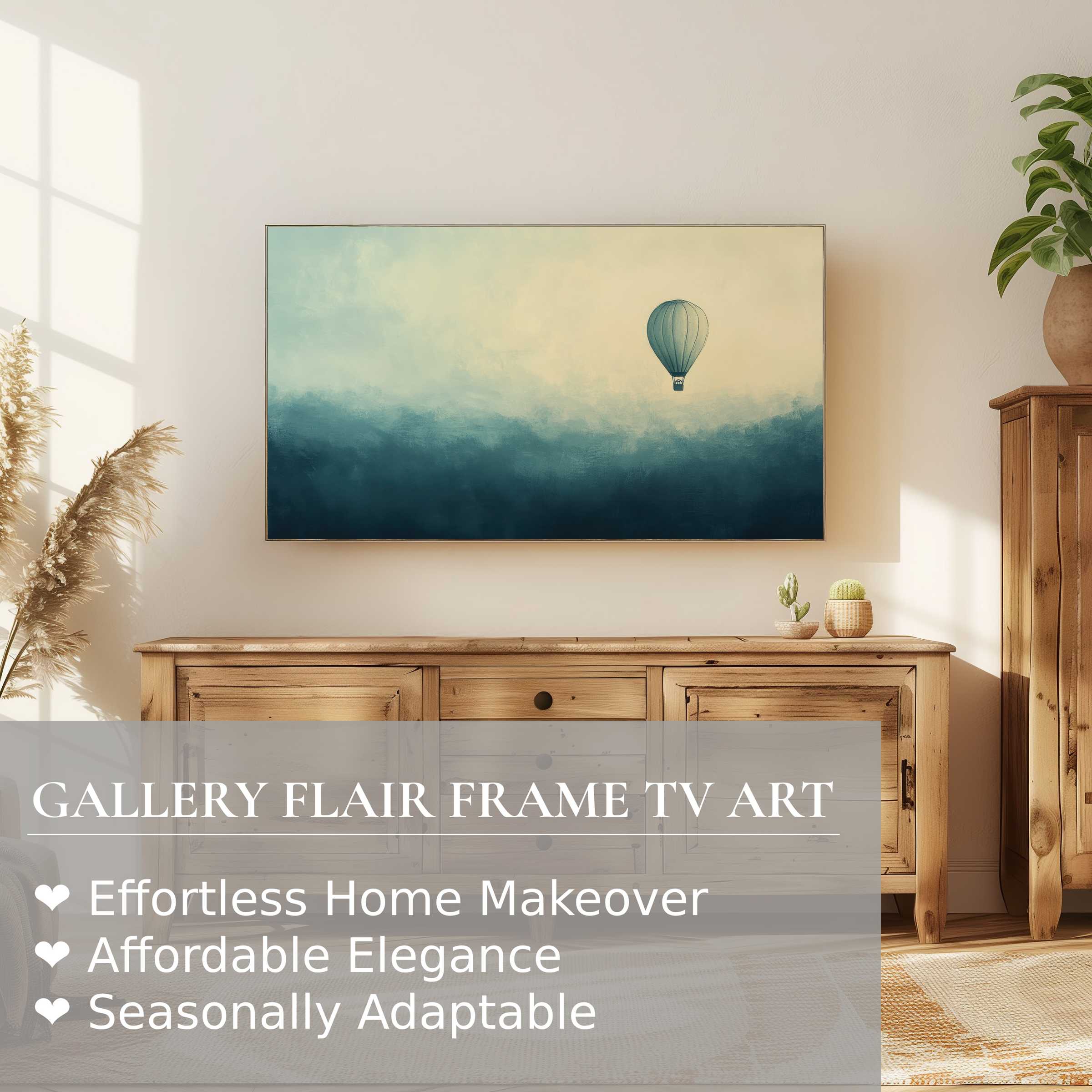 Samsung Frame TV displays minimalist digital artwork of a serene hot air balloon in a modern, elegant living space