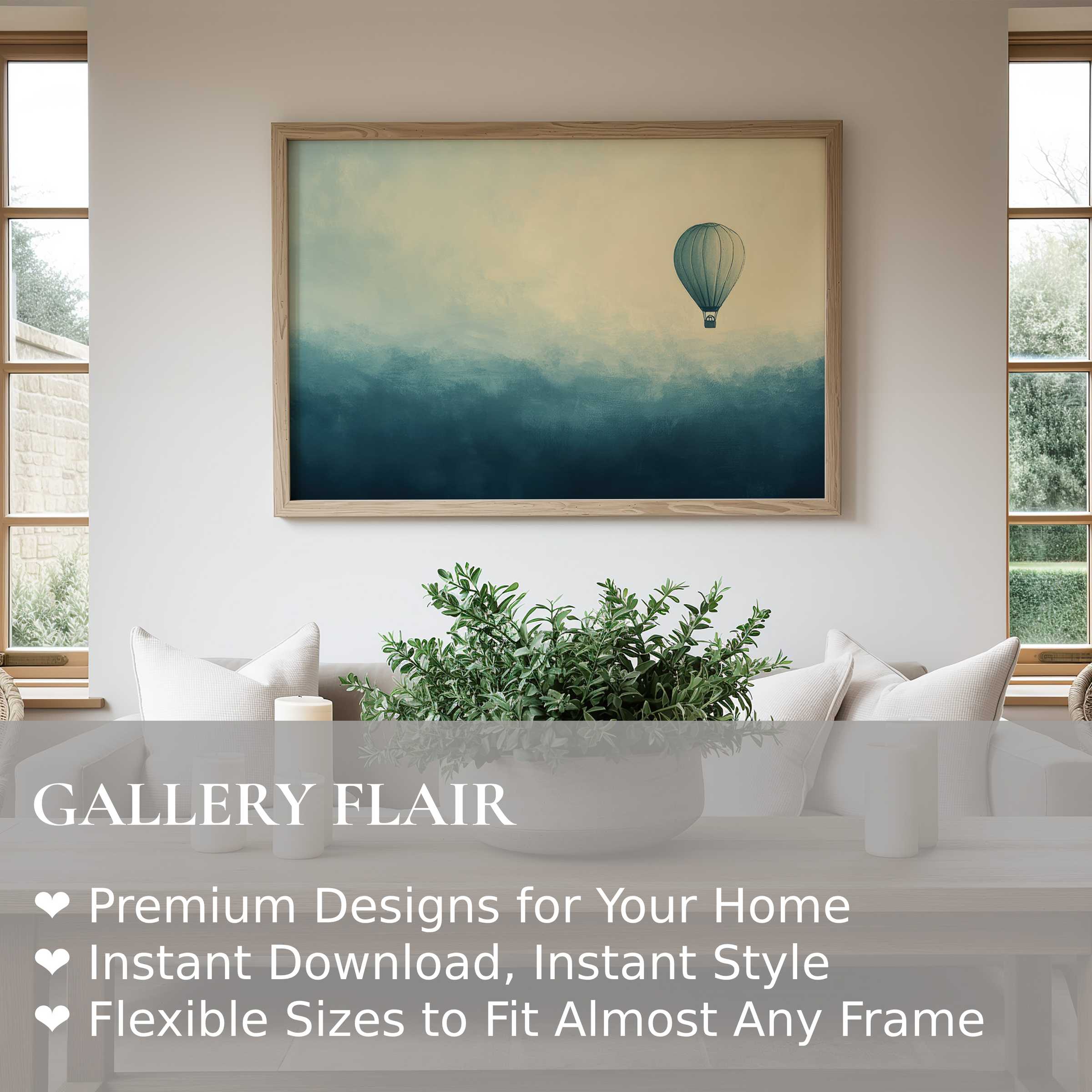 Minimalist wall art print with serene teal gradient and hot air balloon, enhancing modern, calm Scandinavian interiors with soft, airy elegance