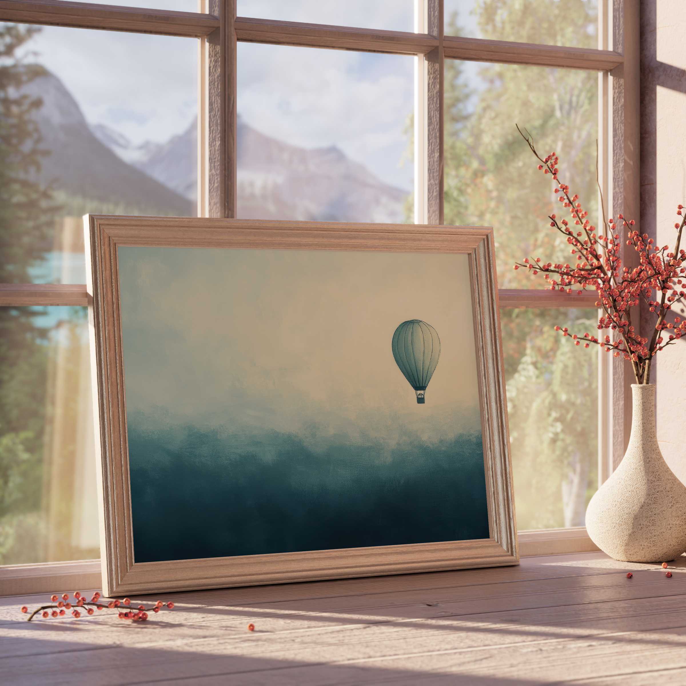 Serene minimalist downloadable art featuring a lone hot air balloon over misty blue gradients, enhancing tranquil, curated interiors
