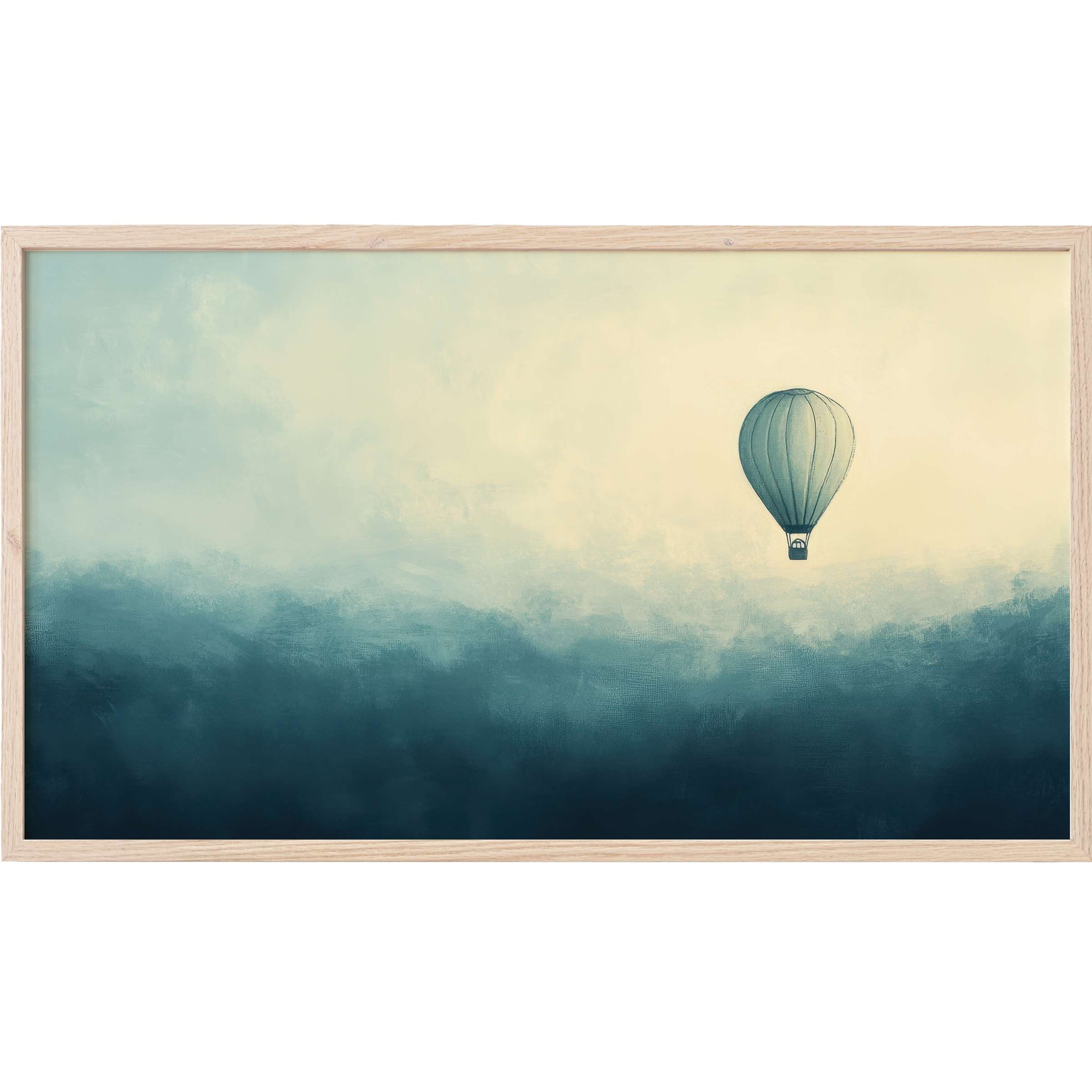 Serene minimalist Frame TV Art with soft blue and cream gradients, featuring a solitary hot air balloon floating gracefully