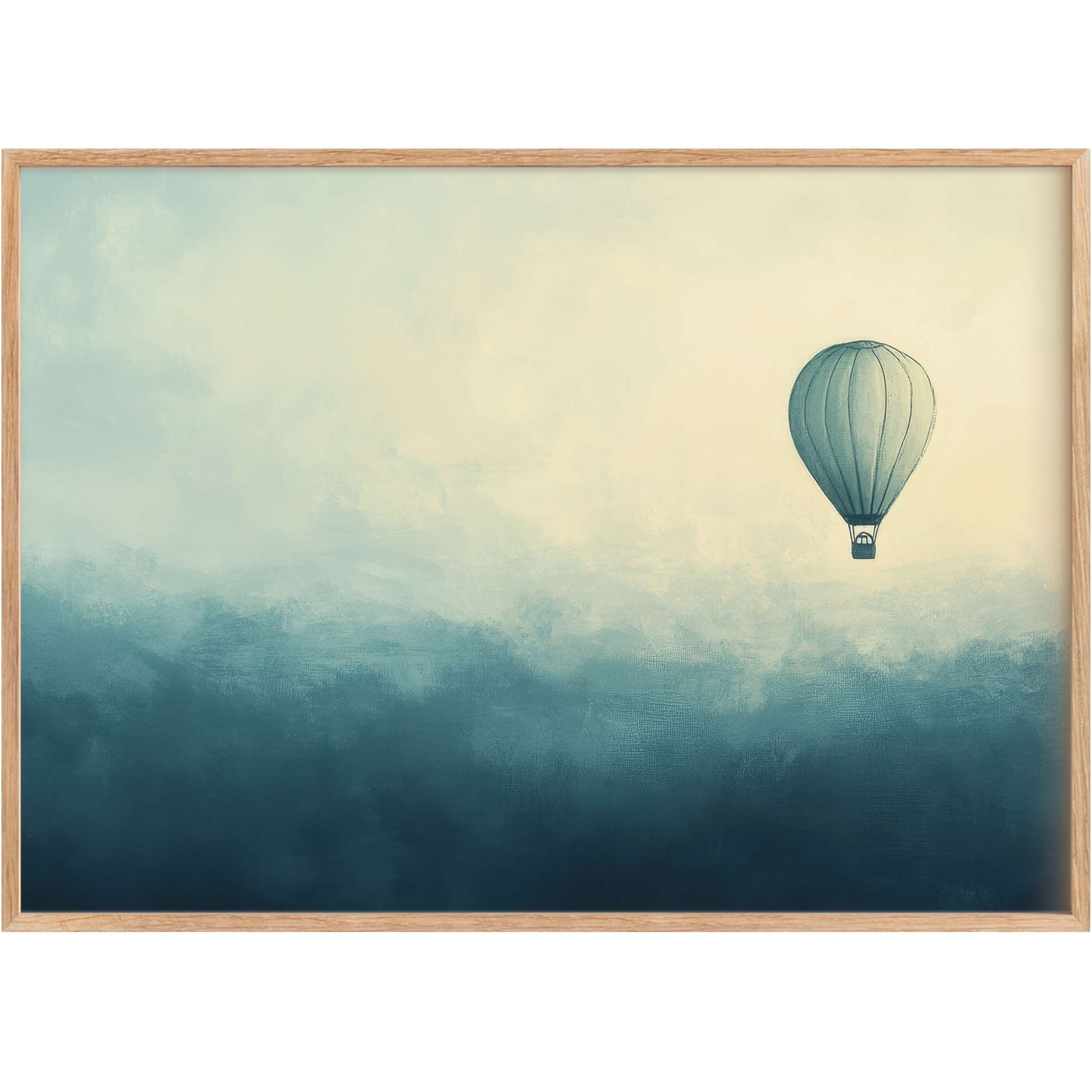 Serene minimalist printable wall art featuring a teal hot air balloon drifting through soft, dreamy blue and cream hues, evoking calm elevation