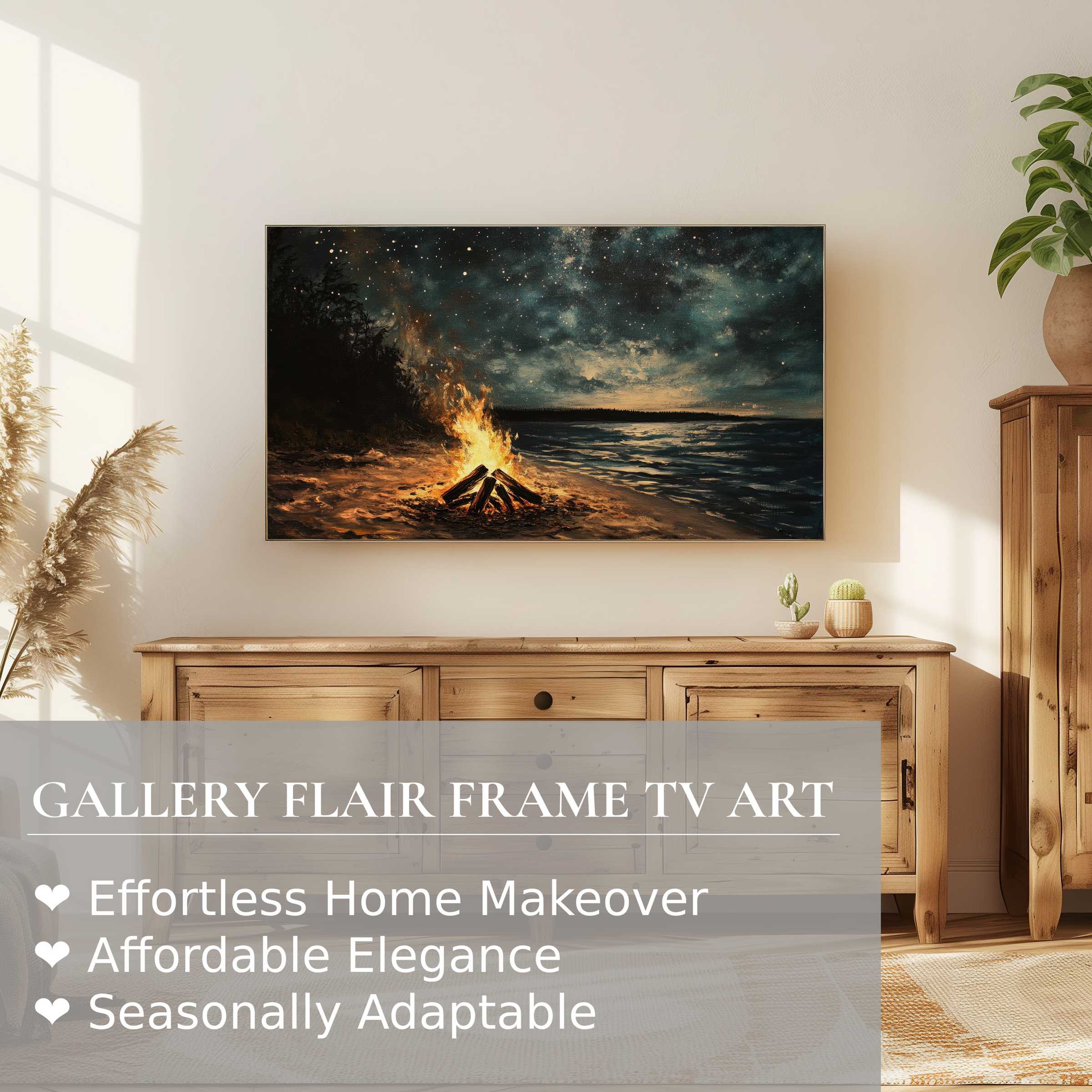 Samsung Frame TV showcases a moody beach digital artwork with a campfire under a starry night sky