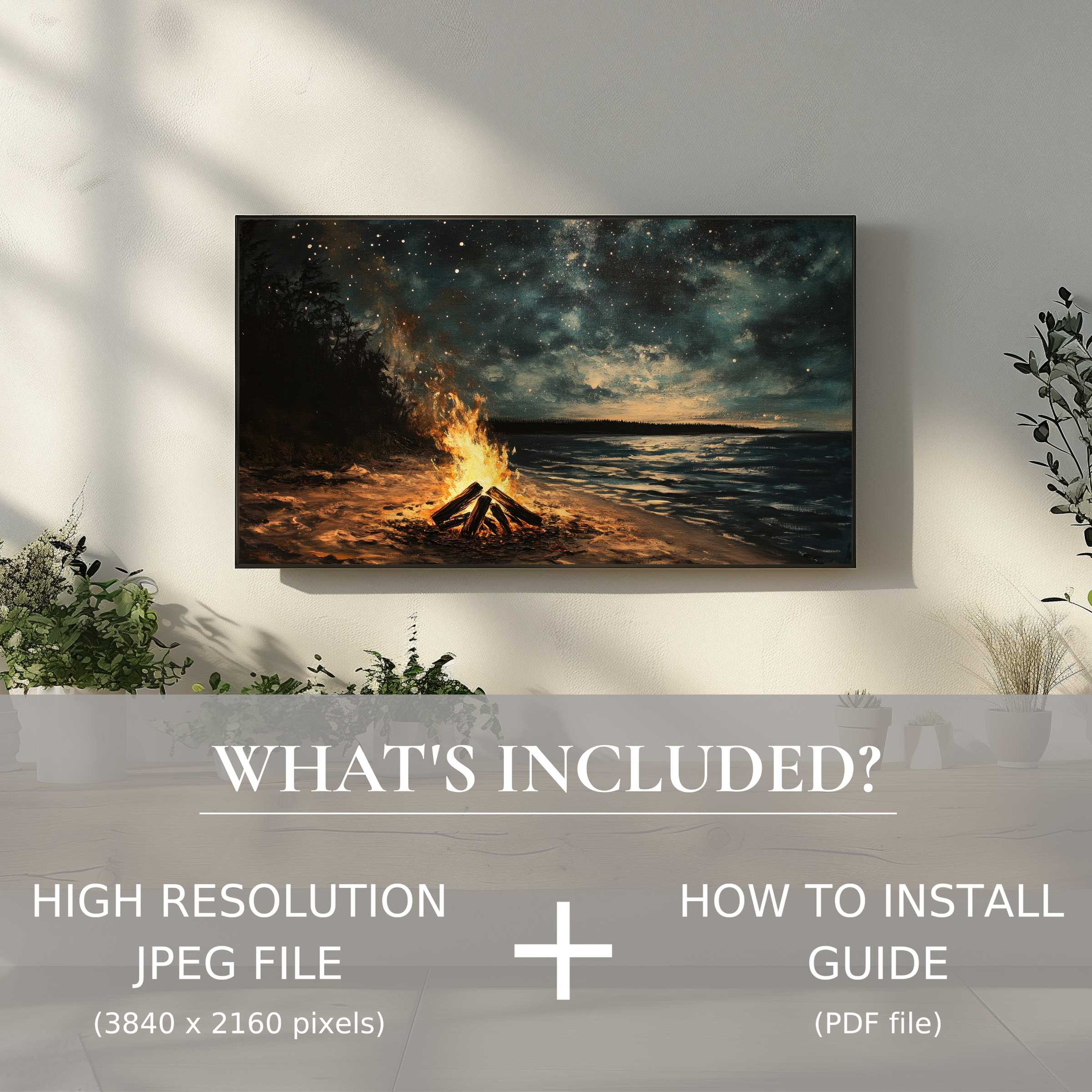 Elegant beach digital TV art download featuring a glowing campfire, easily enhancing modern living spaces with digital ease