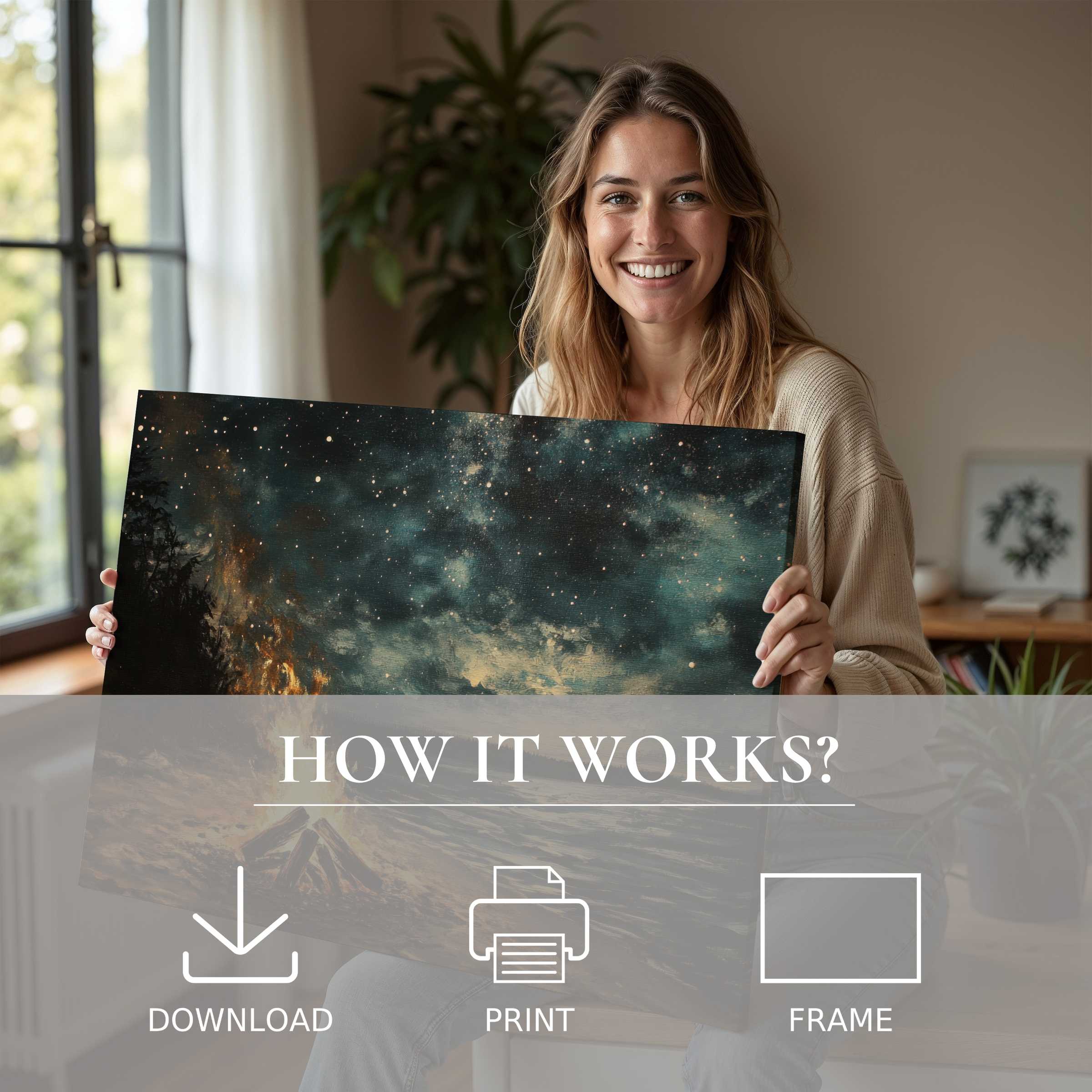 Joyful woman reveals serene beach digital art print in stylish living space, inviting effortless elegance and soulful connection with art
