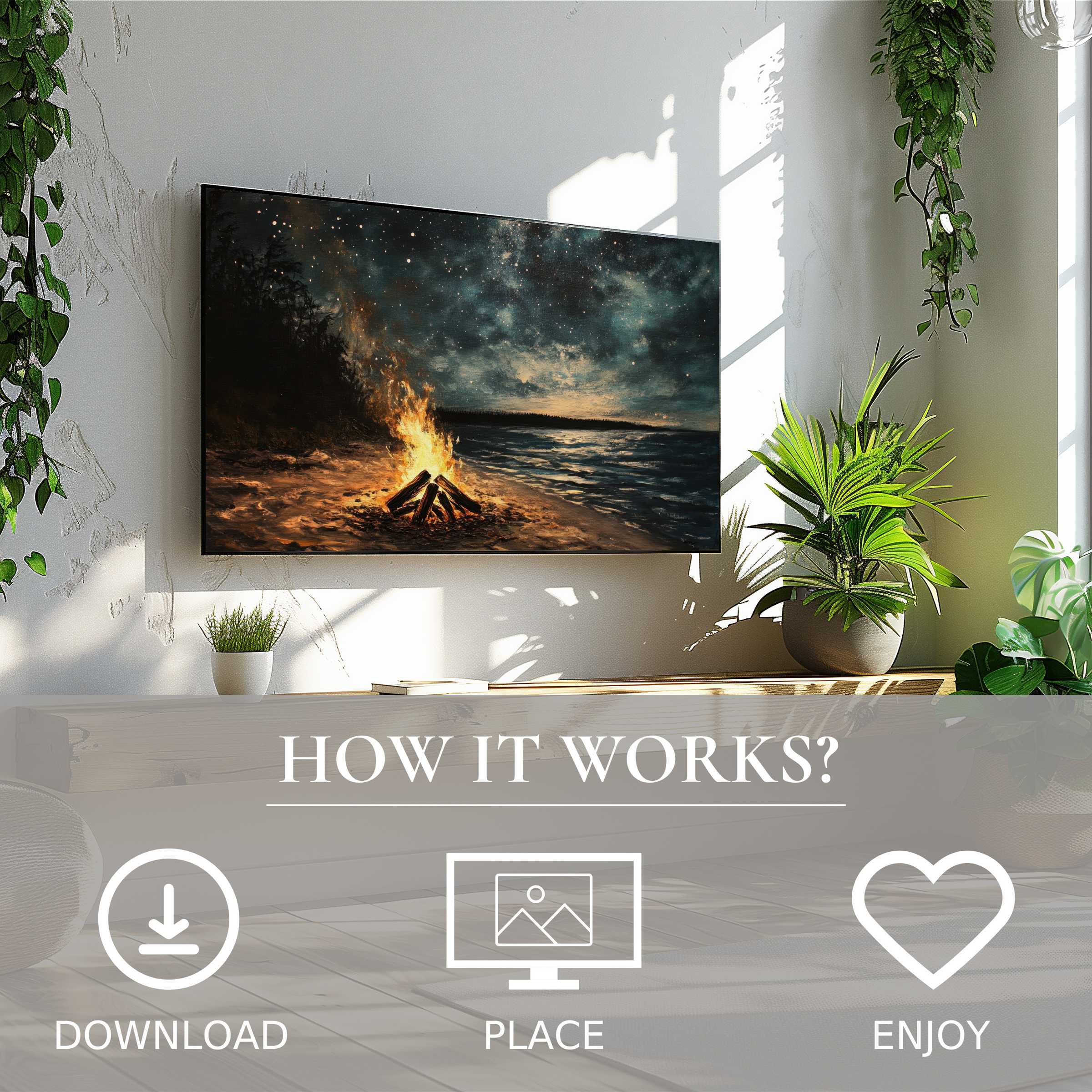 Modern living space with beach art for Samsung TV, showing a starry sky and campfire; easy digital download enriches decor
