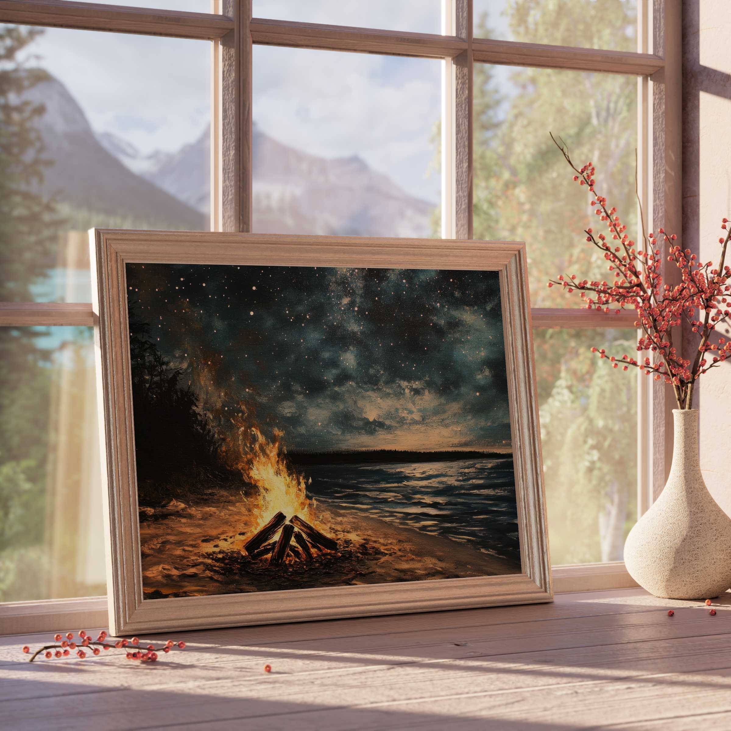 Beach downloadable art capturing a warm bonfire under a starry night sky, perfect for serene, design-forward interiors