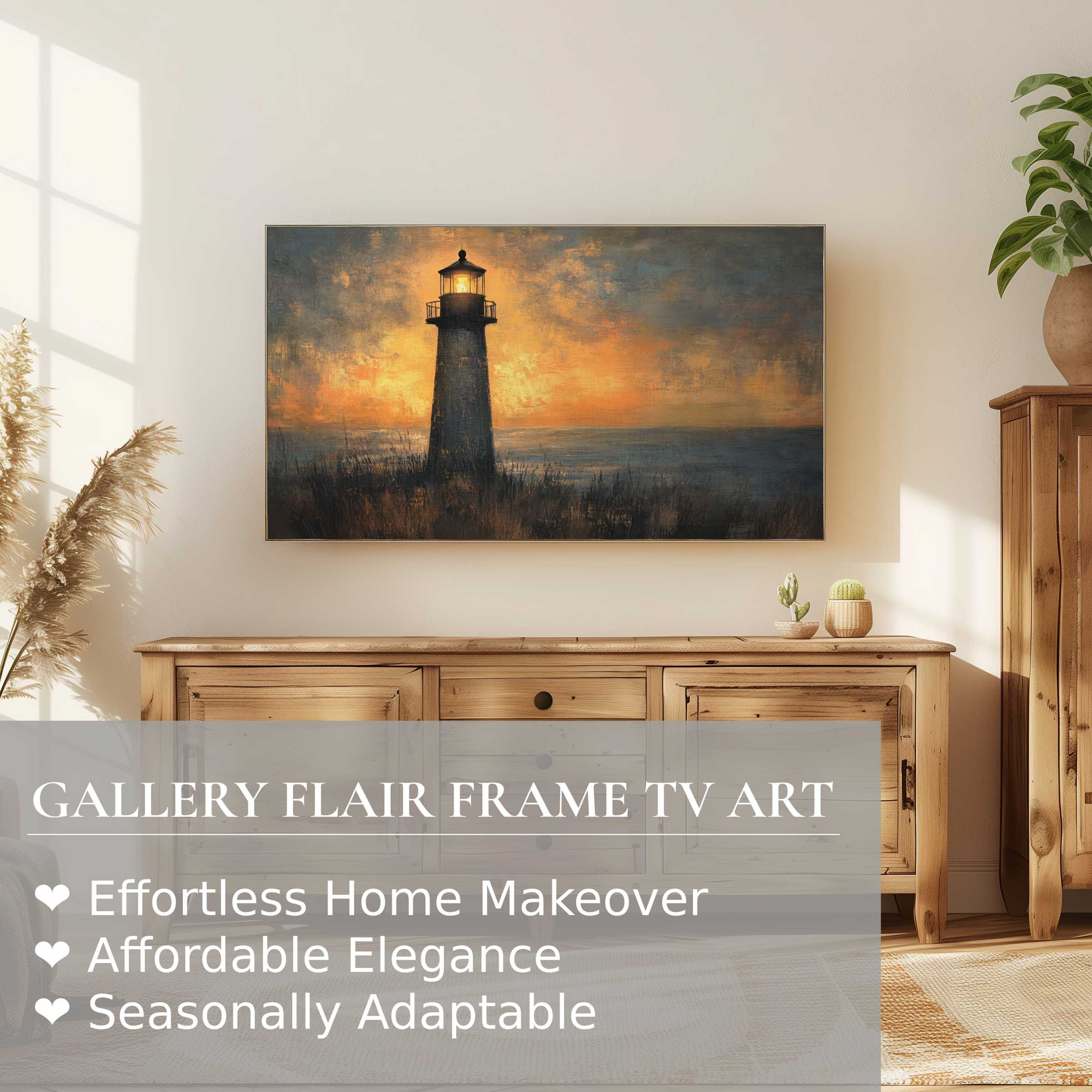 Samsung Frame TV displays coastal digital artwork of a lighthouse at sunset, blending modern elegance with rustic charm