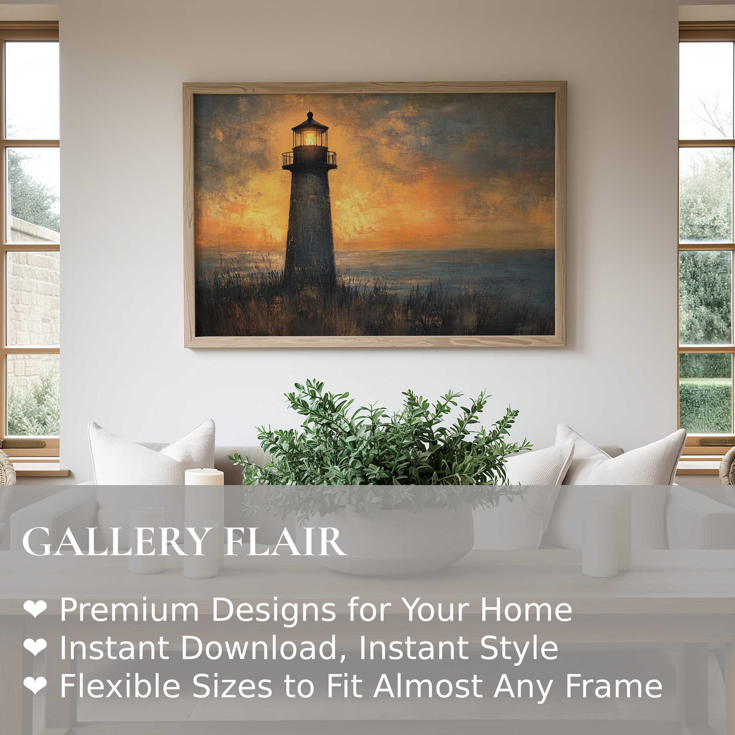 Coastal wall art print featuring a radiant lighthouse at sunset, evoking serene, calming vibes in a modern, minimalist living space