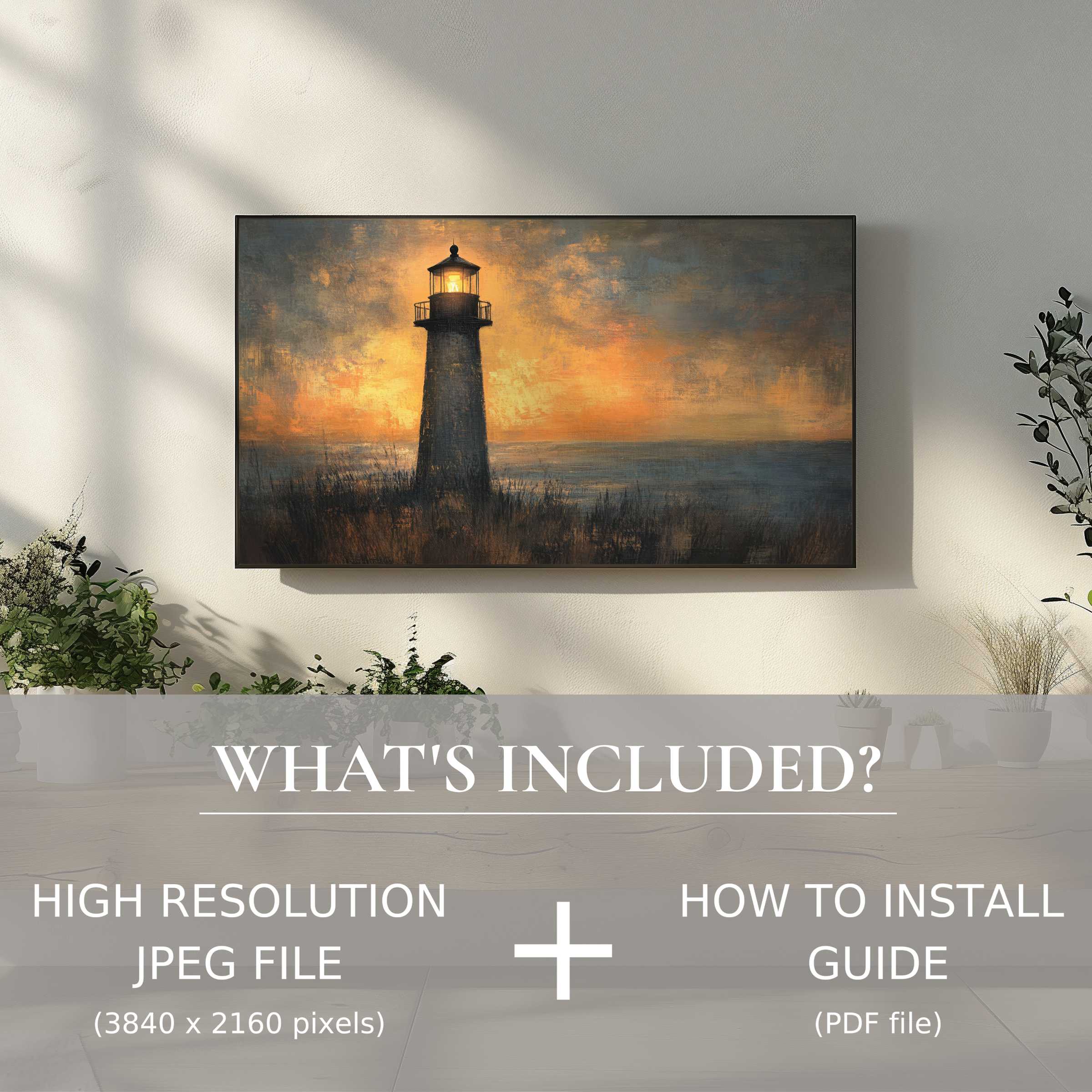Elegant coastal digital TV art download illuminating a serene lighthouse, enhancing living spaces with effortless digital charm