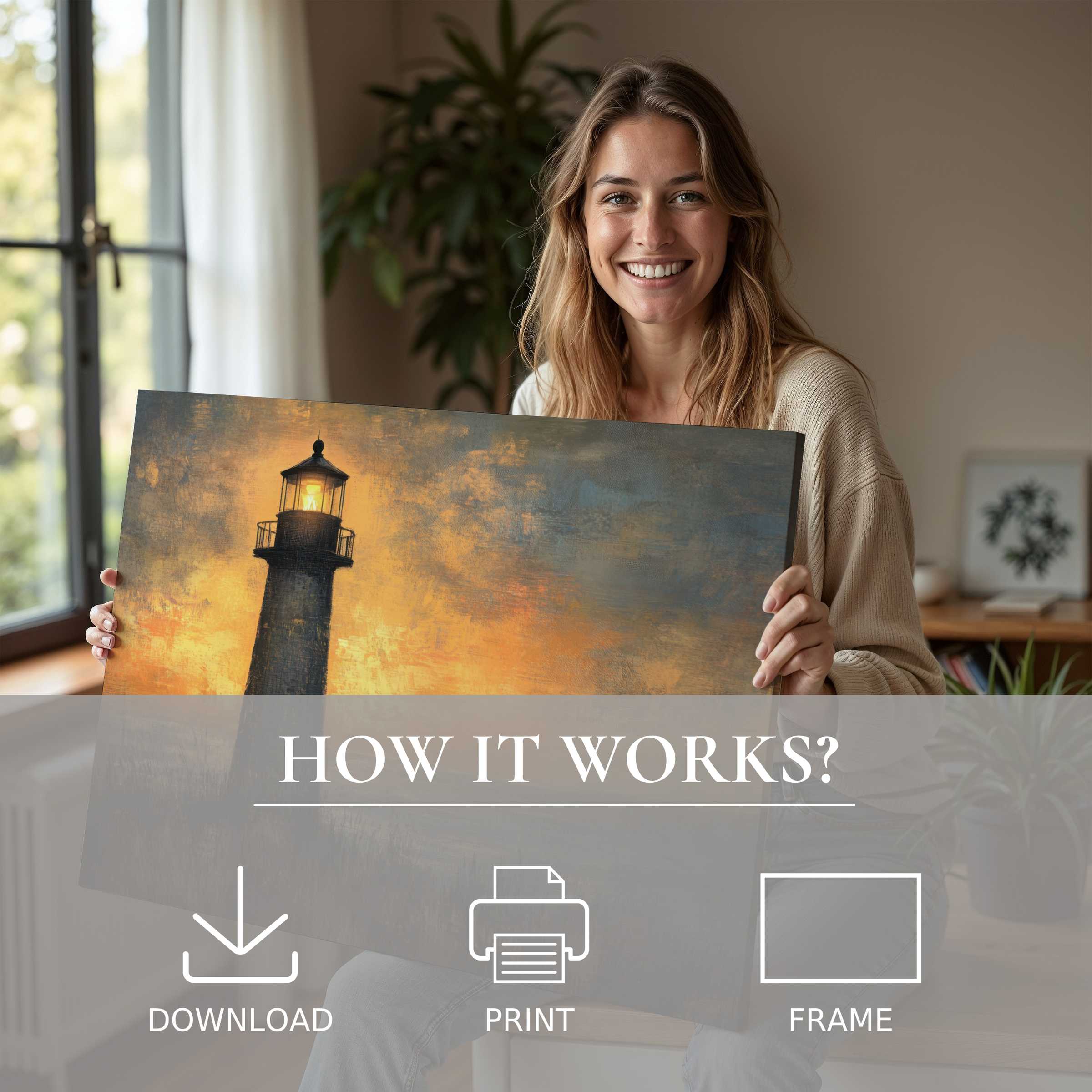Coastal digital art print illuminating a modern home with warm twilight hues, inspiring joy and effortless elegance