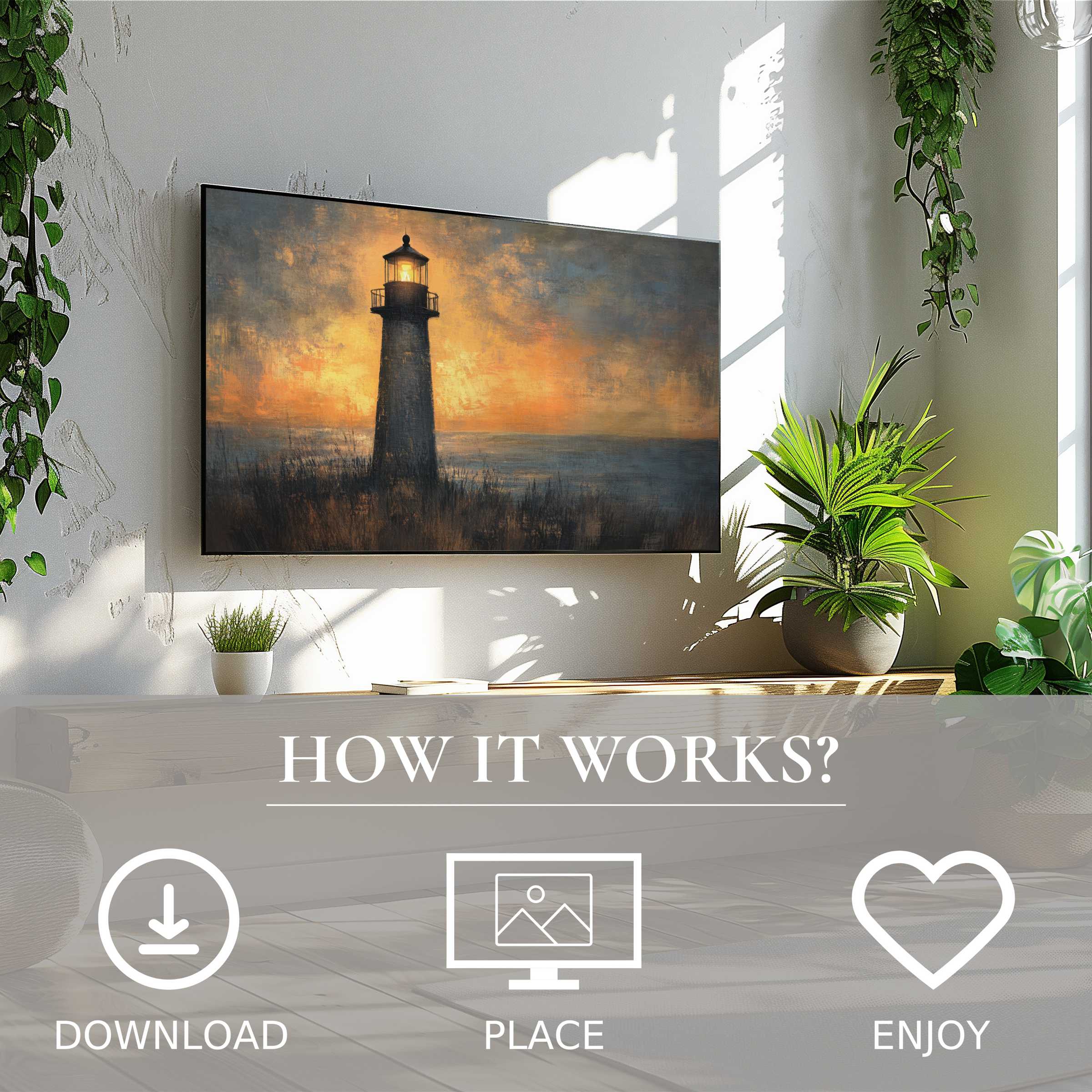 Coastal art for Samsung TV shows a serene lighthouse at sunset; easy digital download enhances modern living spaces