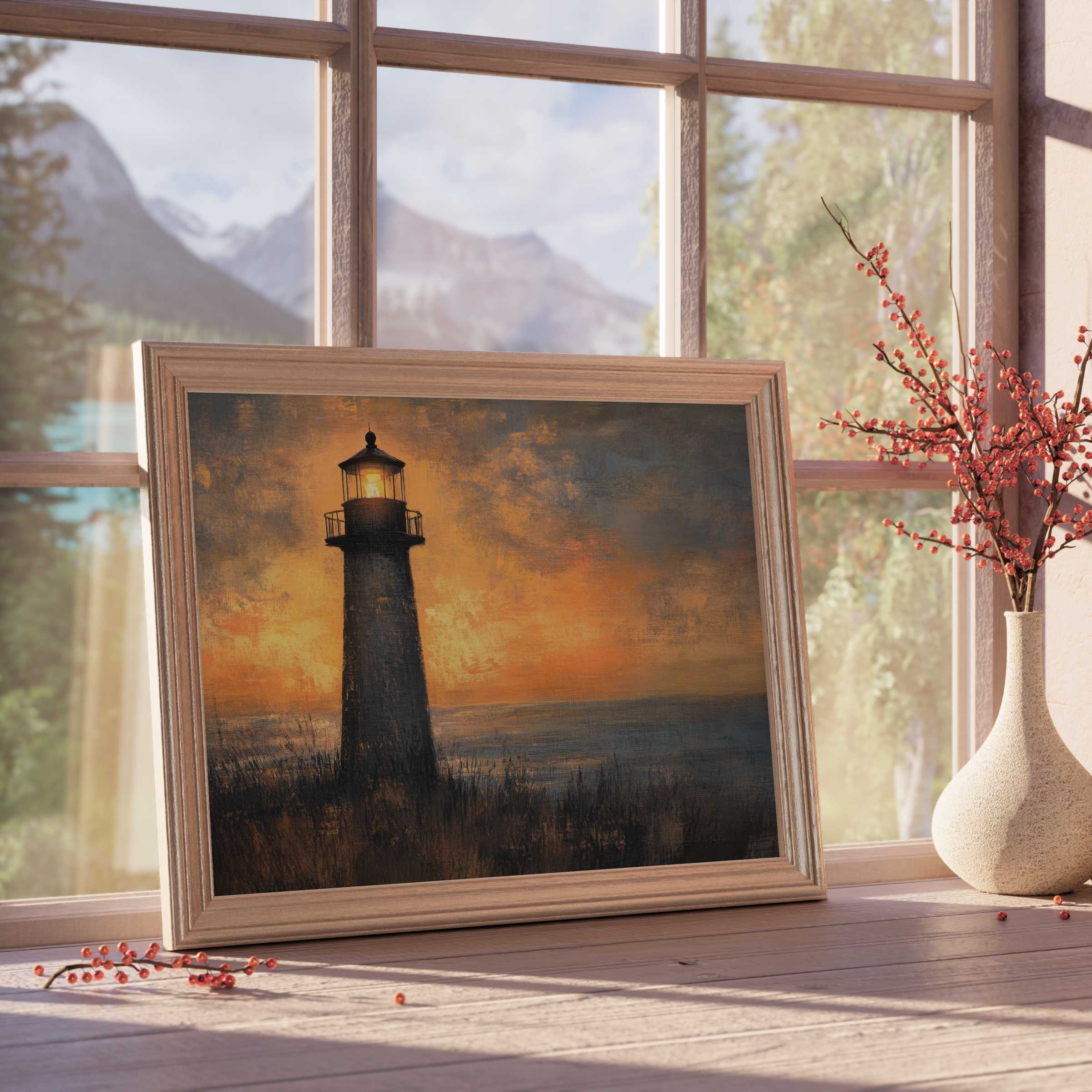 Coastal downloadable art featuring a glowing lighthouse at sunset, evoking serene elegance for curated, tranquil interiors