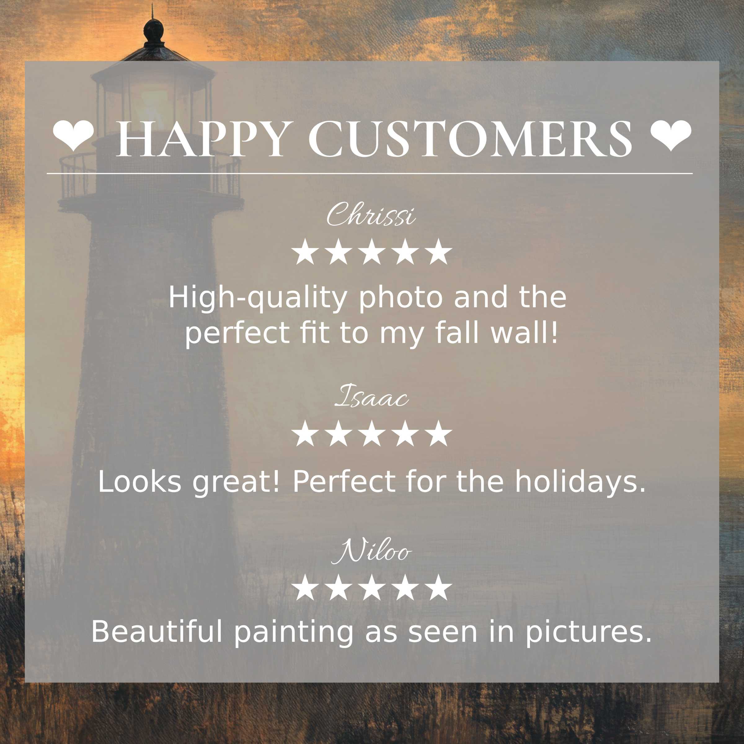 Coastal art for Frame TV with abstract sunset lighthouse, showcasing happy customer reviews and refined trust-building design