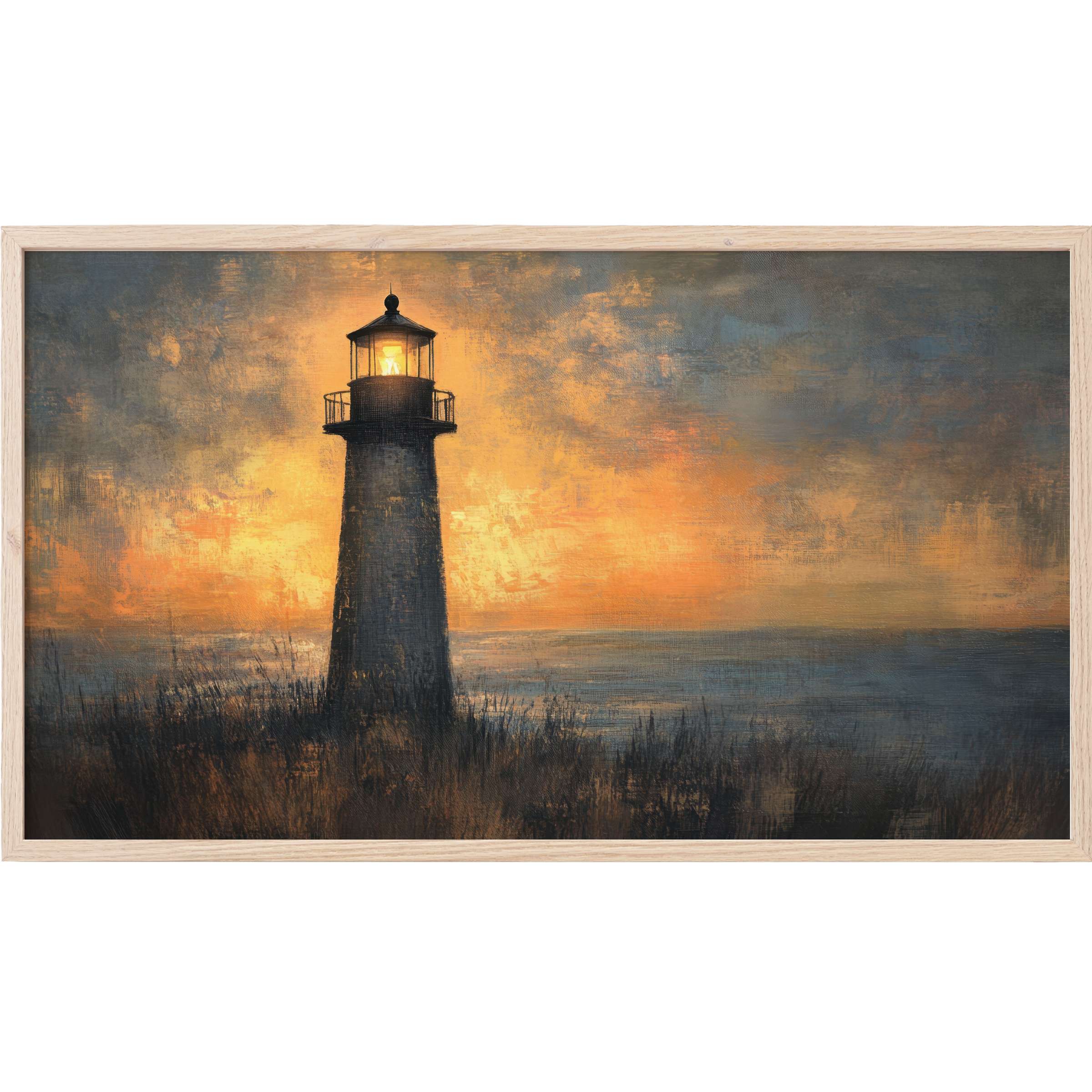 Coastal Frame TV Art featuring a moody lighthouse silhouette against a warm, textured sunset sky